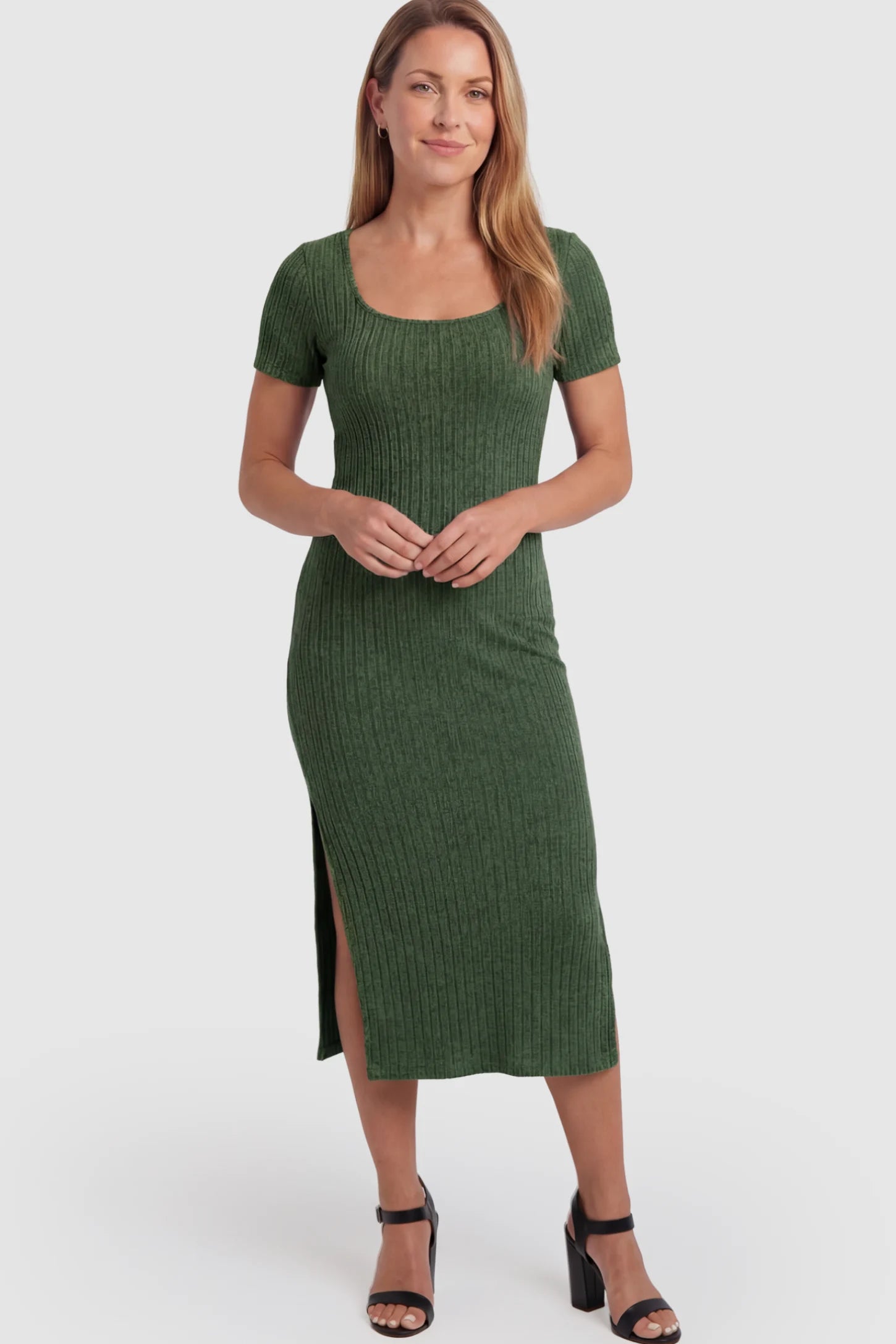 Ribbed Knit Scoop Neck Side Slit Maternity Midi Dress Ribbed Knit Scoop Neck Side Slit Maternity Midi Dress in Green featuring a side slit on a postpartum model.