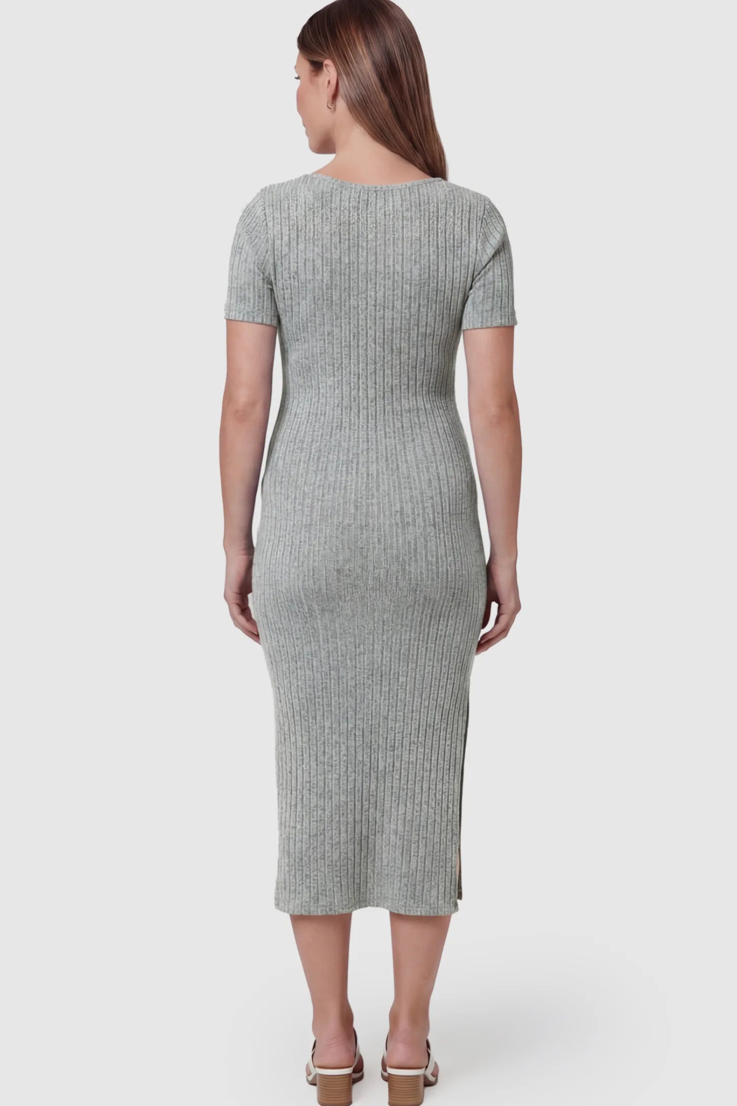 Ribbed Knit Scoop Neck Side Slit Maternity Midi Dress Ribbed Knit Scoop Neck Side Slit Maternity Midi Dress in Light Gray on a pregnant model.