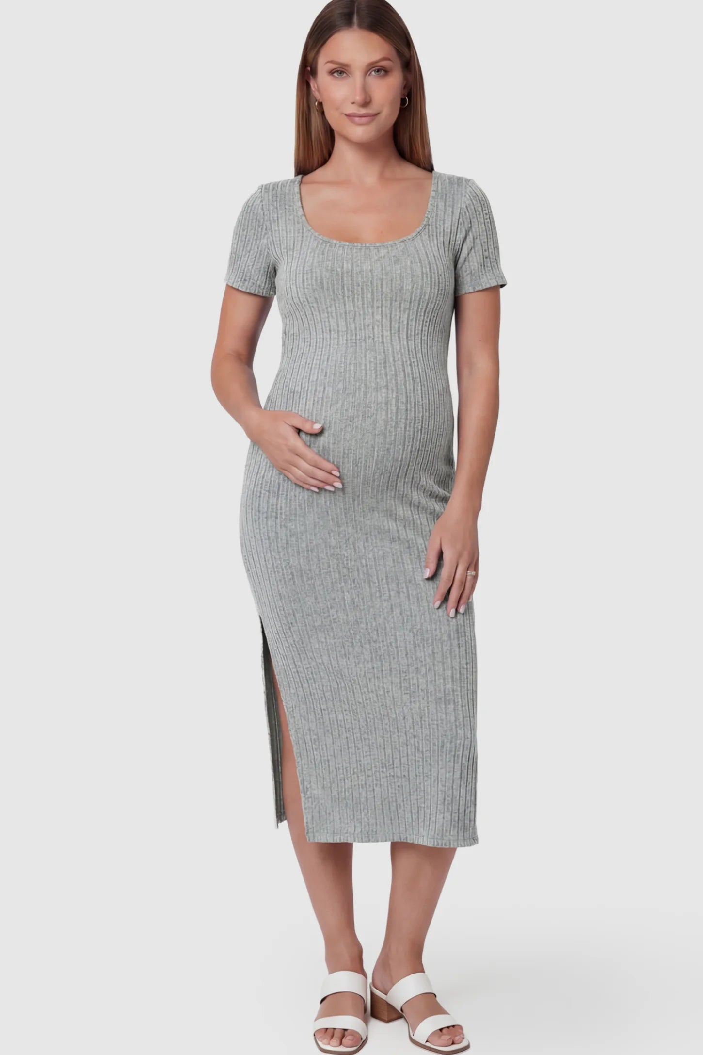 Ribbed Knit Scoop Neck Side Slit Maternity Midi Dress Ribbed Knit Scoop Neck Side Slit Maternity Midi Dress in Light Gray featuring a side slit on a pregnant model.