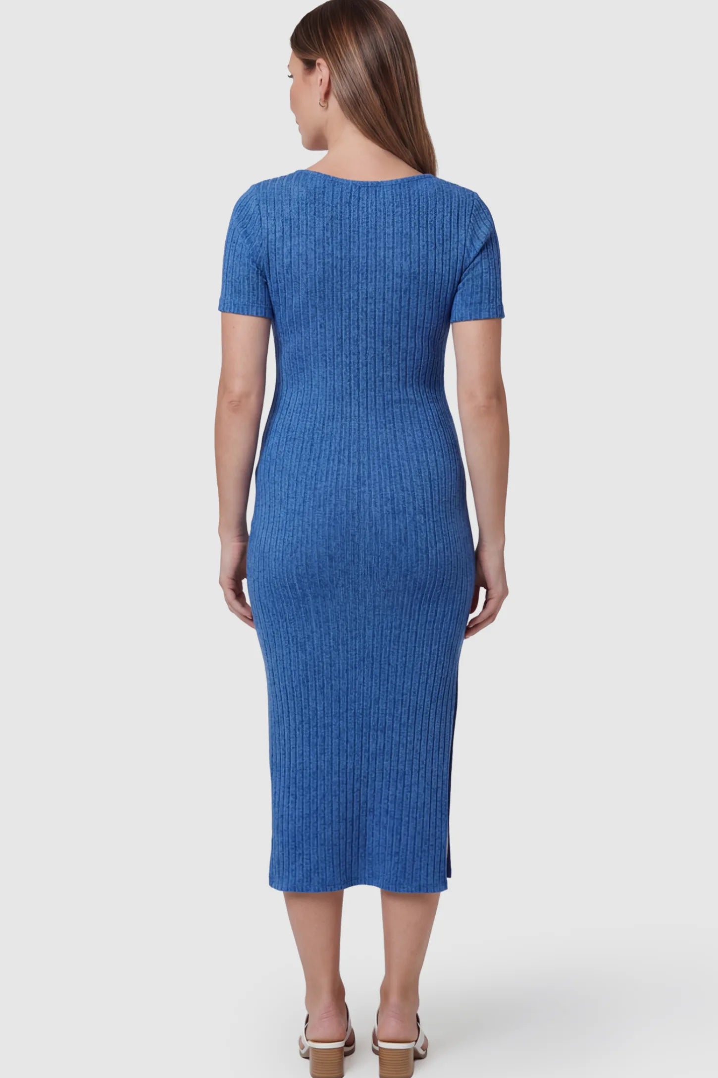 Ribbed Knit Scoop Neck Side Slit Maternity Midi Dress Ribbed Knit Scoop Neck Side Slit Maternity Midi Dress in Sapphire Blue on a pregnant model.