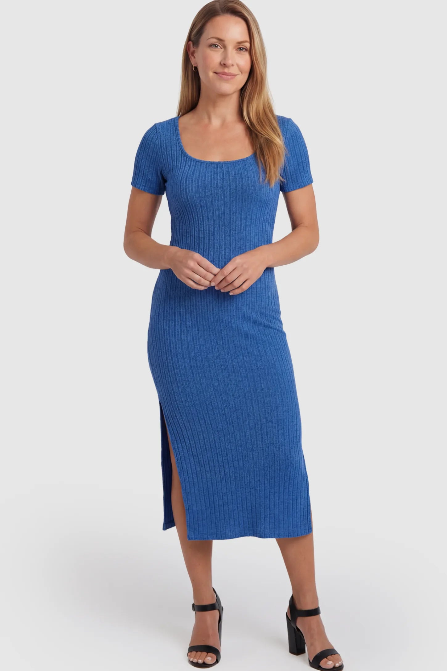 Ribbed Knit Scoop Neck Side Slit Maternity Midi Dress Ribbed Knit Scoop Neck Side Slit Maternity Midi Dress in Sapphire Blue featuring a side slit on a postpartum model.