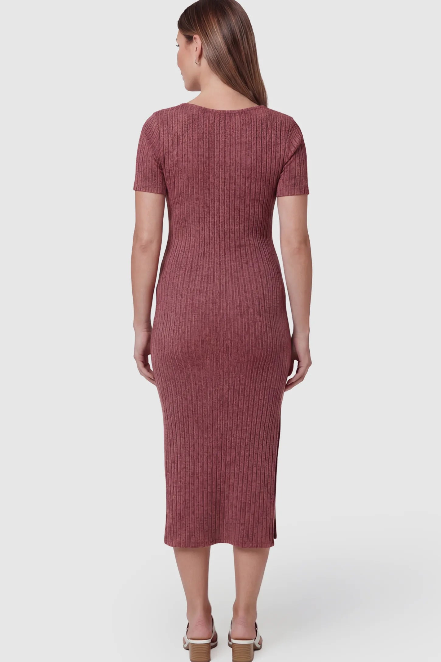 Ribbed Knit Scoop Neck Side Slit Maternity Midi Dress Ribbed Knit Scoop Neck Side Slit Maternity Midi Dress in Wine Red on a pregnant model.