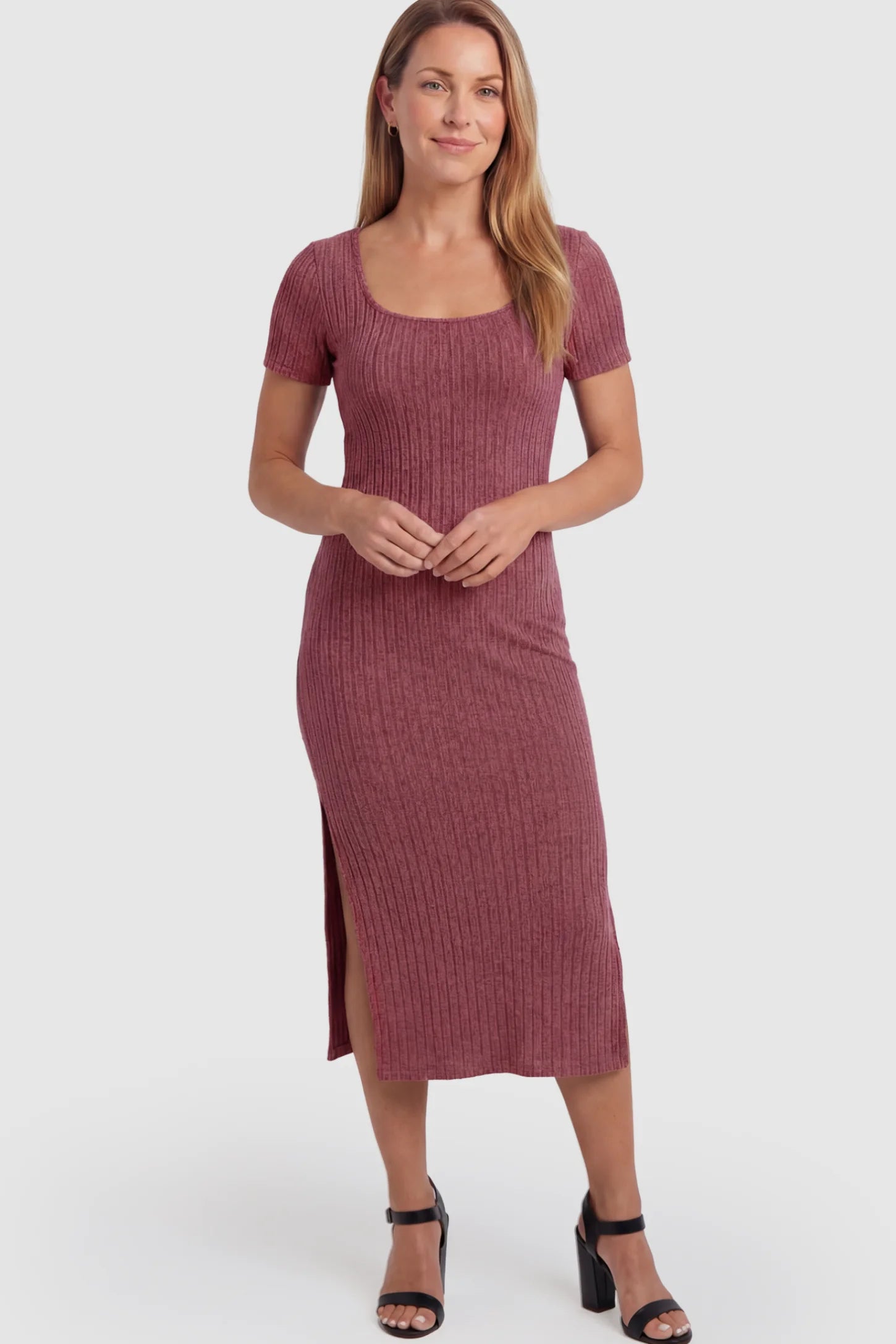 Ribbed Knit Scoop Neck Side Slit Maternity Midi Dress Ribbed Knit Scoop Neck Side Slit Maternity Midi Dress in Wine Red featuring a side slit on a postpartum model.