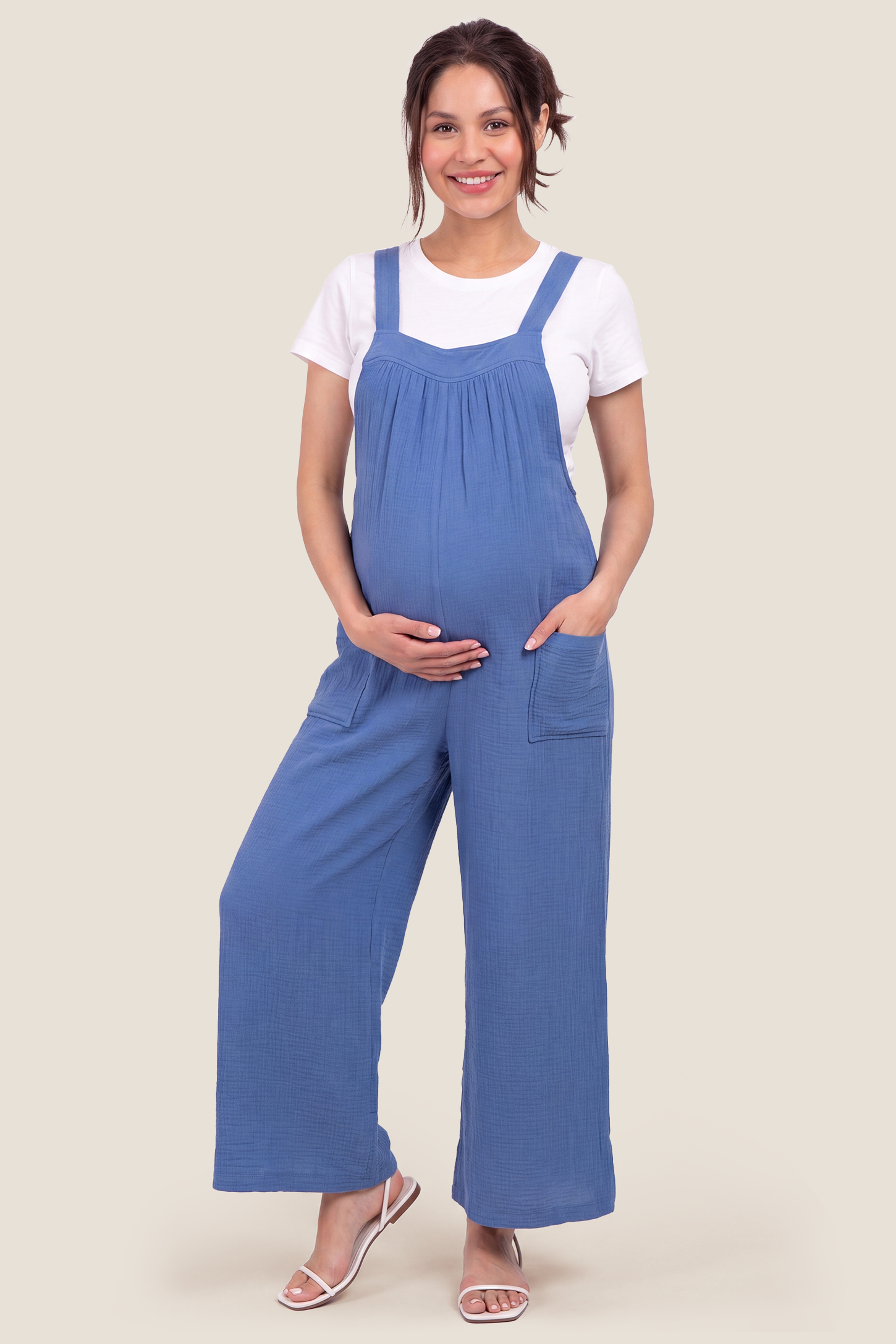 Square Neck Tie-Back Wide Leg Maternity Overalls
