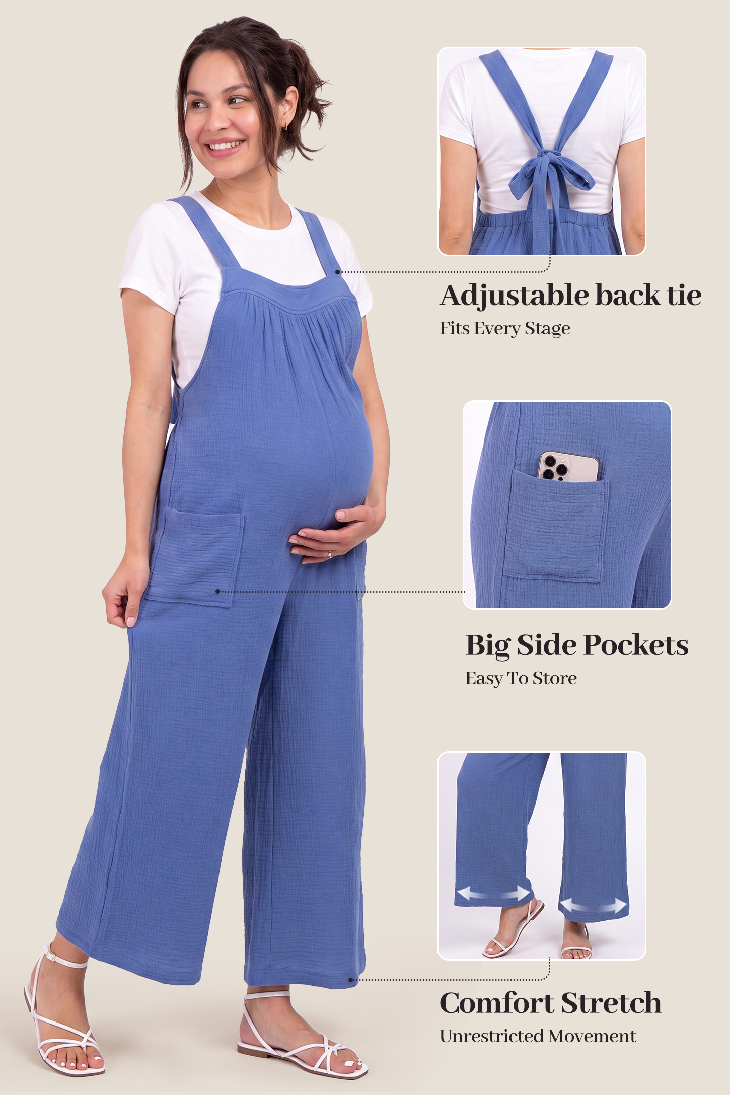 Square Neck Tie-Back Wide Leg Maternity Overalls
