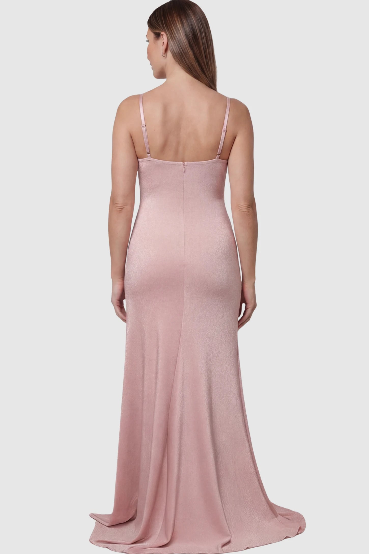 Spaghetti Strap Side Slit Bodycon Maternity Maxi Dress Spaghetti Strap Side Slit Slim Fitting Maternity Maxi Dress in Shimmer Pink on a pregnant model.