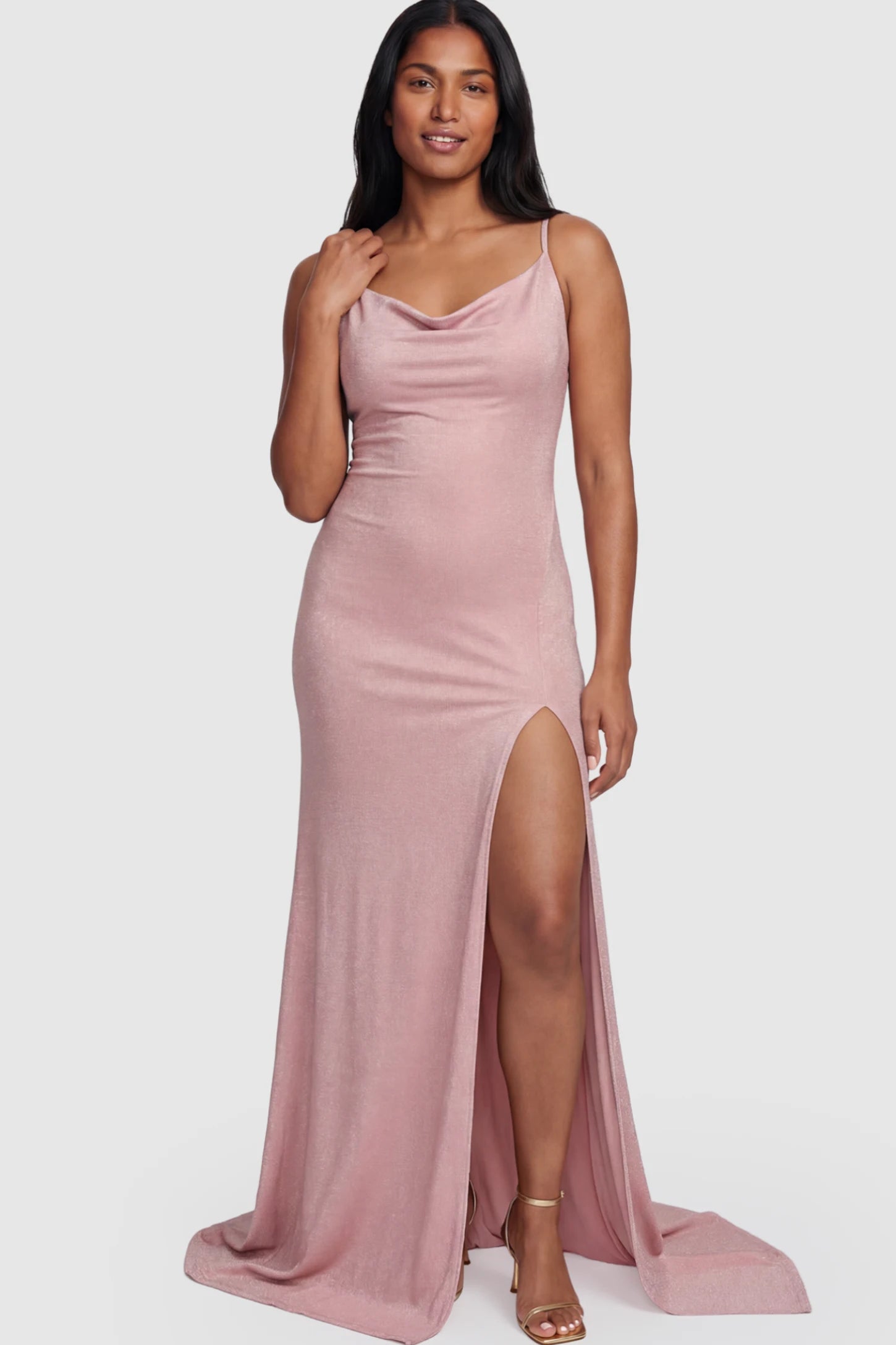 Spaghetti Strap Side Slit Bodycon Maternity Maxi Dress Spaghetti Strap Side Slit Slim Fitting Maternity Maxi Dress in Shimmer Pink featuring a draped neck on a postpartum model.