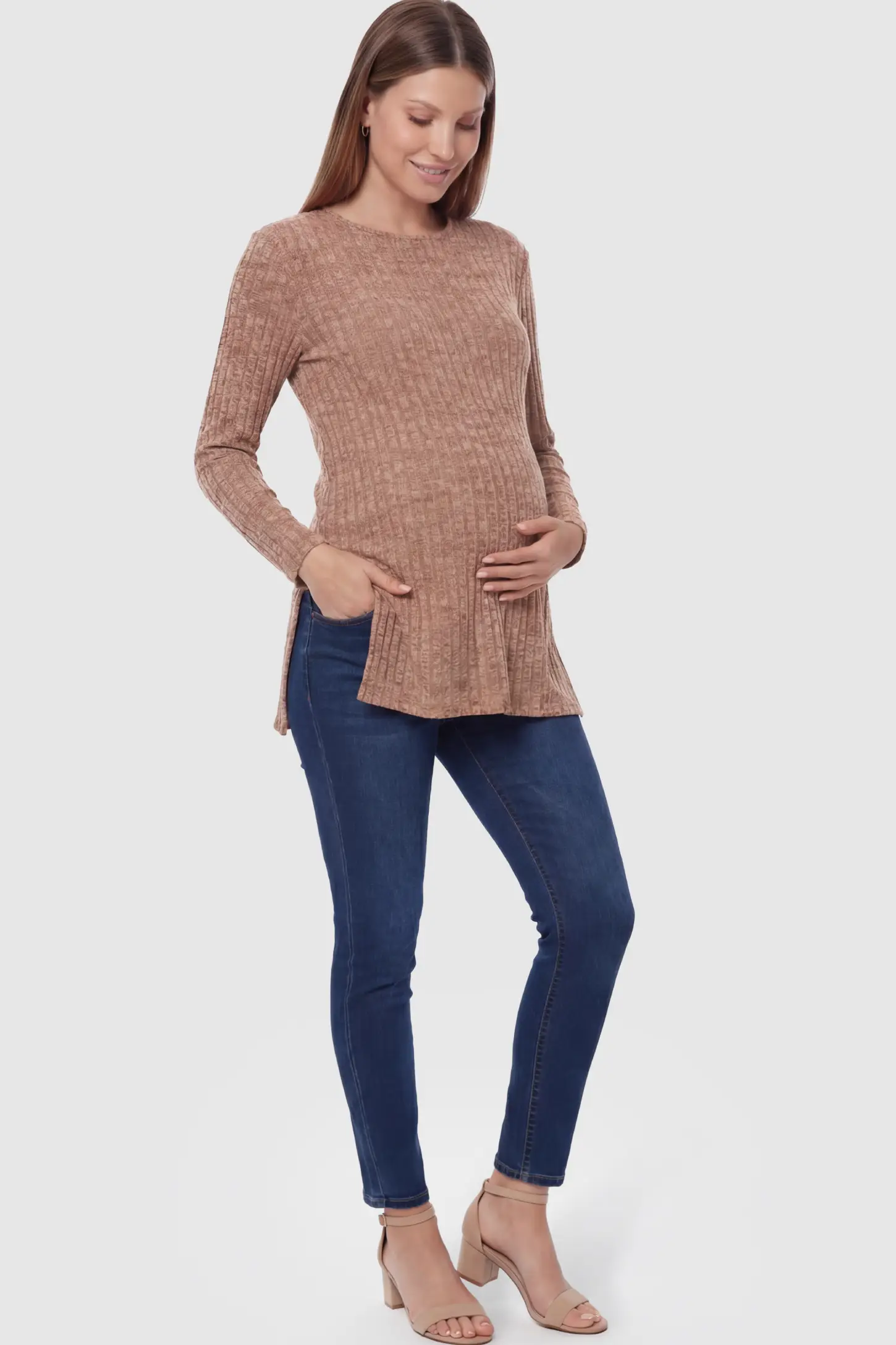 Ribbed Knit Side-Slit Long Sleeve Maternity Top Ribbed Knit Side-Slit Long Sleeve Maternity Top in Khaki featuring a fine rib texture on a pregnant model.