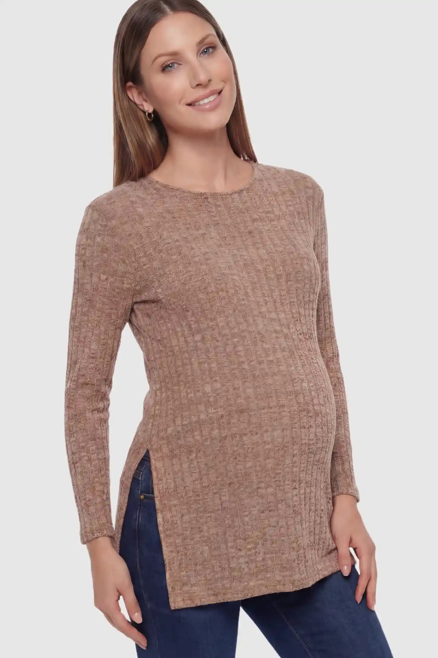 Ribbed Knit Side-Slit Long Sleeve Maternity Top Ribbed Knit Side-Slit Long Sleeve Maternity Top in Khaki featuring a fine rib texture on a pregnant model.