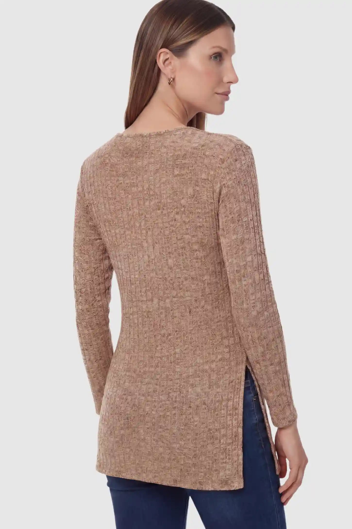 Ribbed Knit Side-Slit Long Sleeve Maternity Top Ribbed Knit Side-Slit Long Sleeve Maternity Top in Khaki featuring a fine rib texture on a pregnant model.