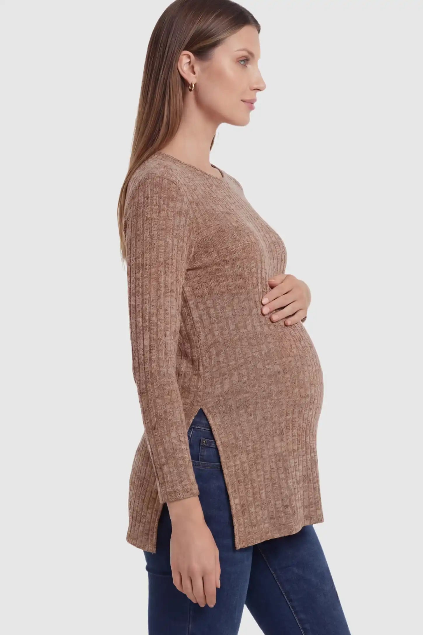 Ribbed Knit Side-Slit Long Sleeve Maternity Top Ribbed Knit Side-Slit Long Sleeve Maternity Top in Khaki featuring a fine rib texture on a pregnant model.