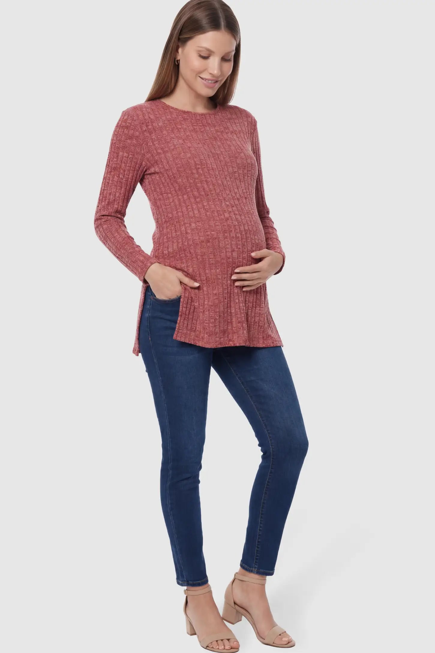 Ribbed Knit Side-Slit Long Sleeve Maternity Top Ribbed Knit Side-Slit Long Sleeve Maternity Top in Reddish Brown featuring a fine rib texture on a pregnant model.