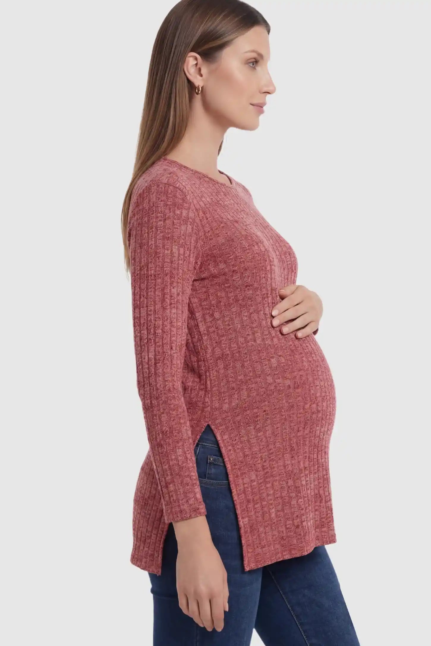 Ribbed Knit Side-Slit Long Sleeve Maternity Top in Reddish Brown featuring a fine rib texture on a pregnant model.