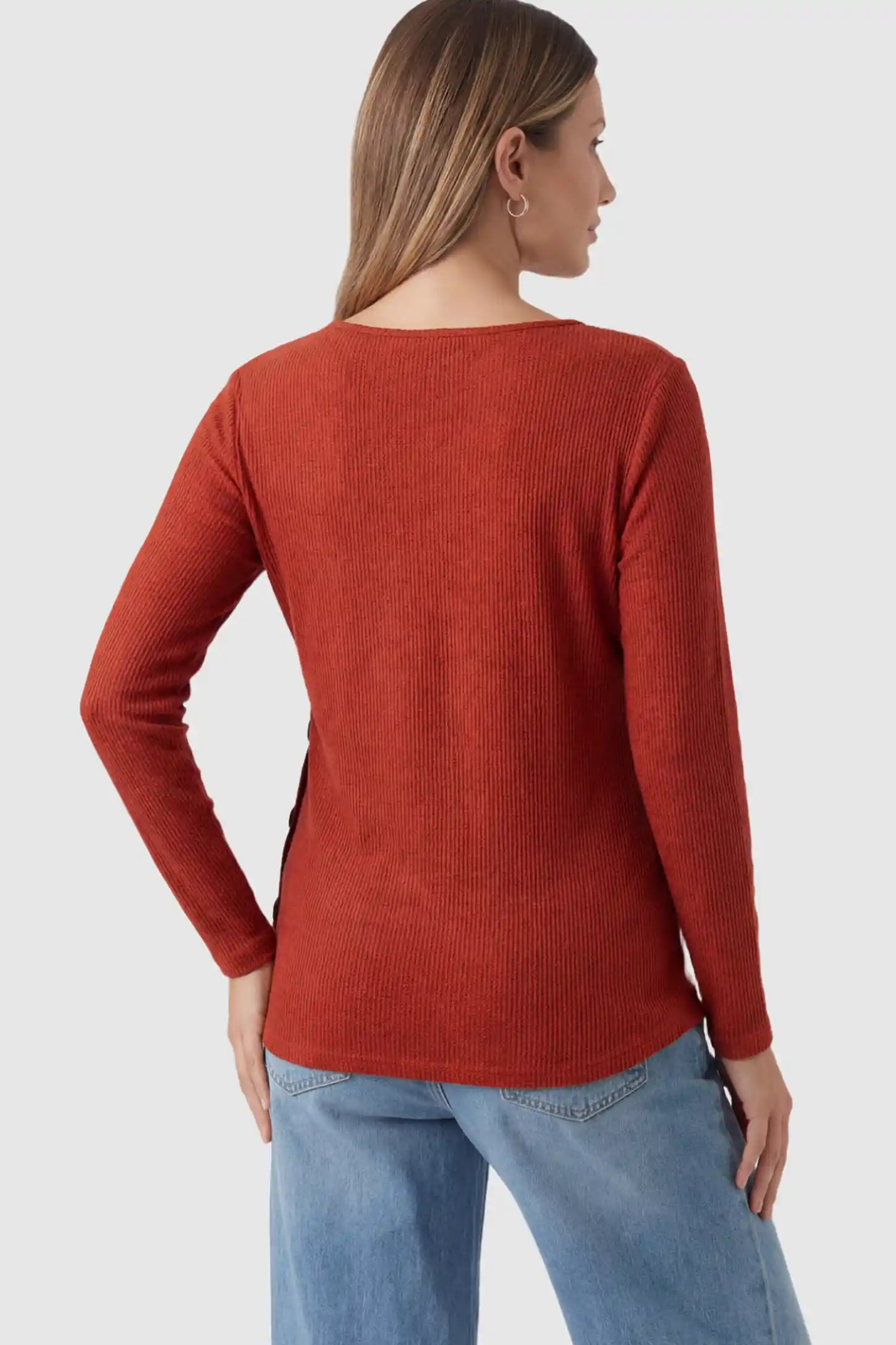 Ribbed Knit Long Sleeve Maternity & Nursing Top Ribbed Knit Long Sleeve Maternity & Nursing Top in Red on a pregnant model.