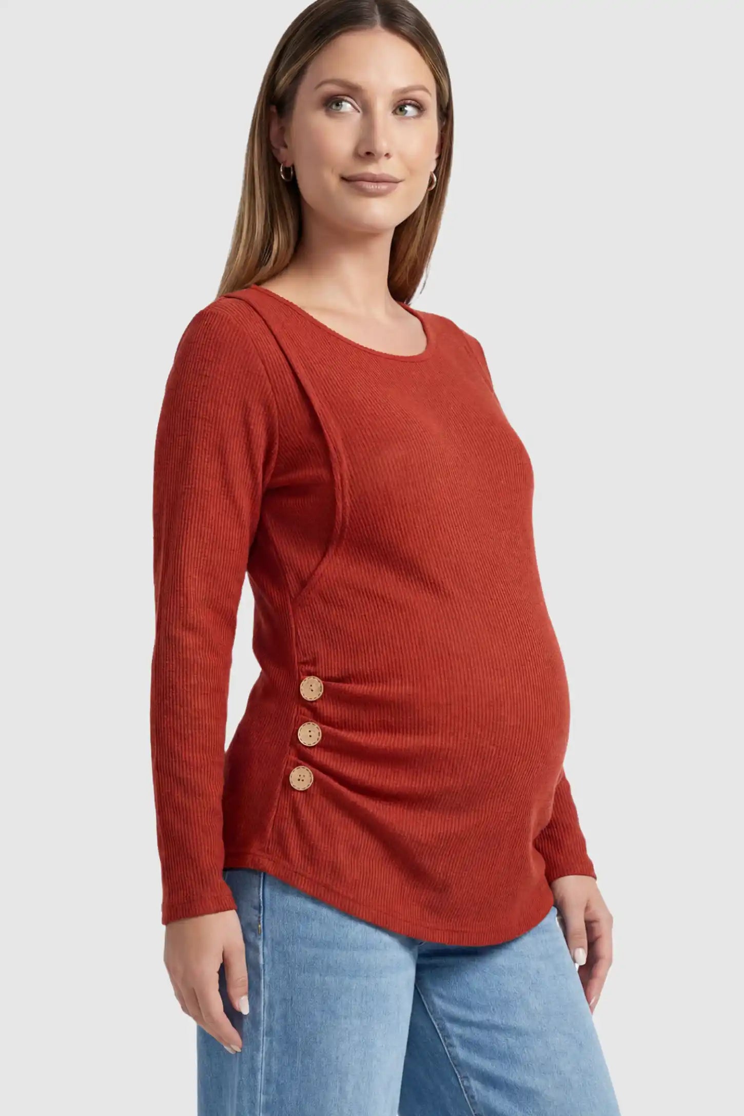 Ribbed Knit Long Sleeve Maternity & Nursing Top in Red featuring discreet nursing access and side-button details.