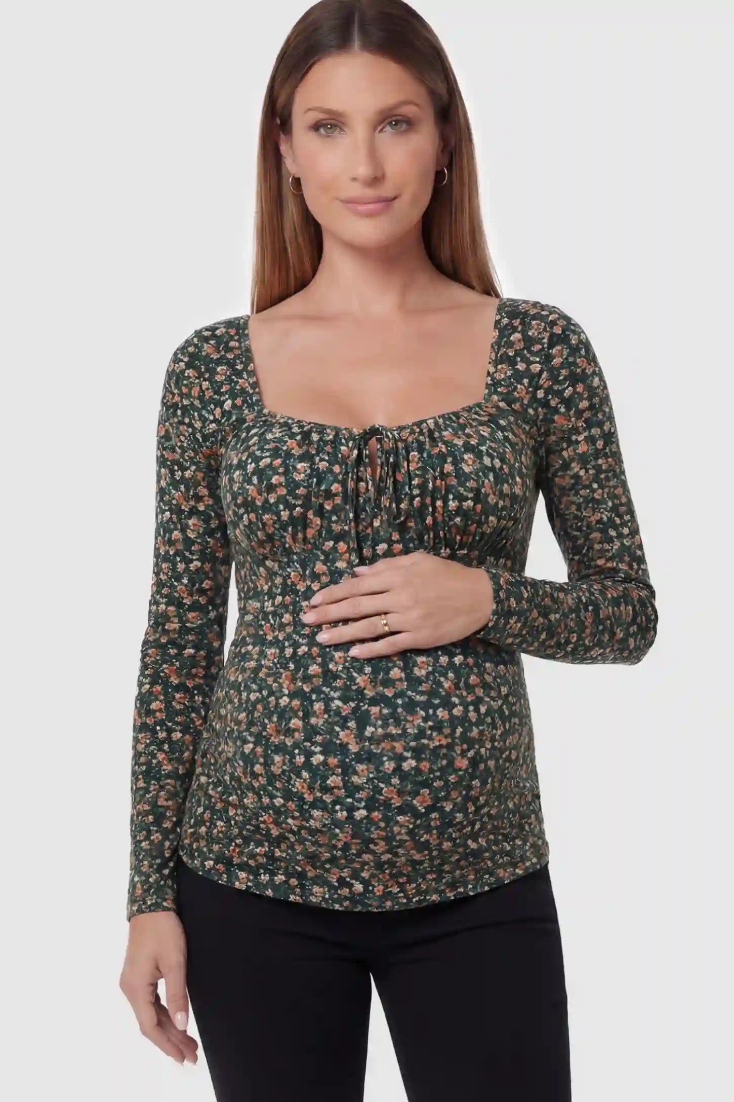 Floral Square Neck Maternity Top in floral print featuring a smocked bodice in front view on a pregnant model.