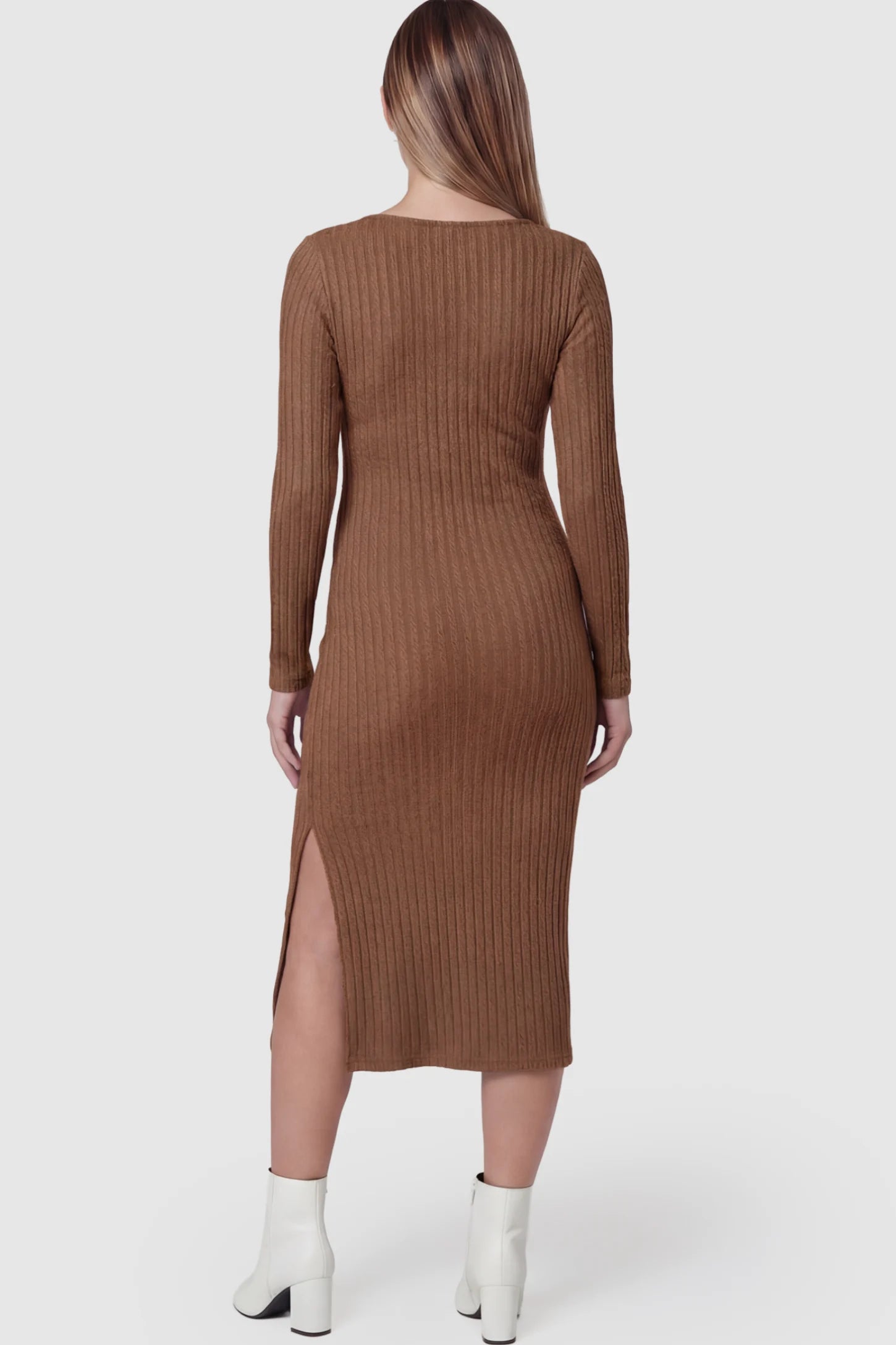 Ribbed Knit Long Sleeve Bodycon Maternity Midi Dress Ribbed Knit Long Sleeve Bodycon Maternity Midi Dress in Brown featuring a Side Slit on a pregnant model.