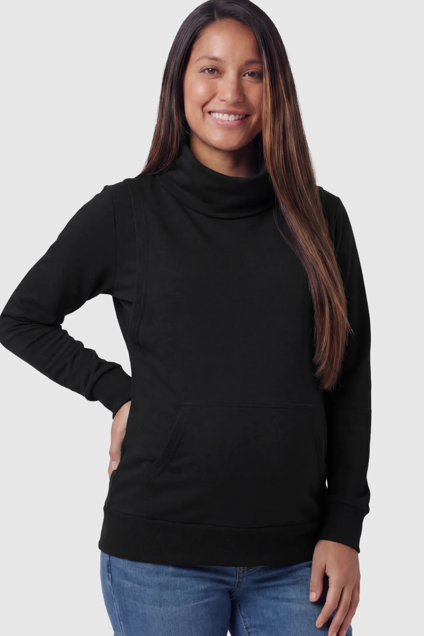 Cowl Neck Long Sleeve Maternity & Nursing Top Cowl Neck Long Sleeve Maternity & Nursing Top in Black featuring a kangaroo pocket and nursing access.