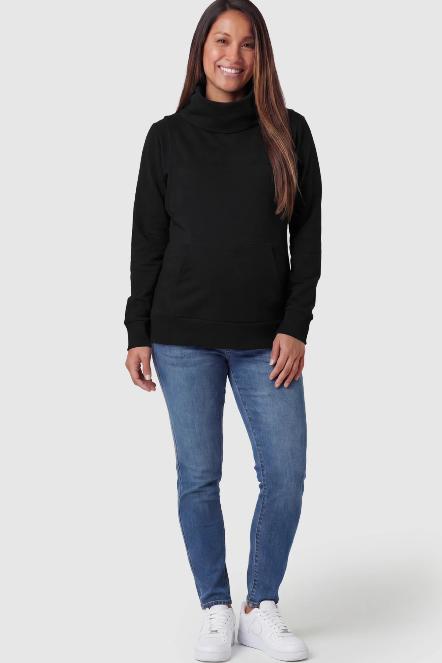 Cowl Neck Long Sleeve Maternity & Nursing Top Cowl Neck Long Sleeve Maternity & Nursing Top in Black featuring a kangaroo pocket and nursing access.