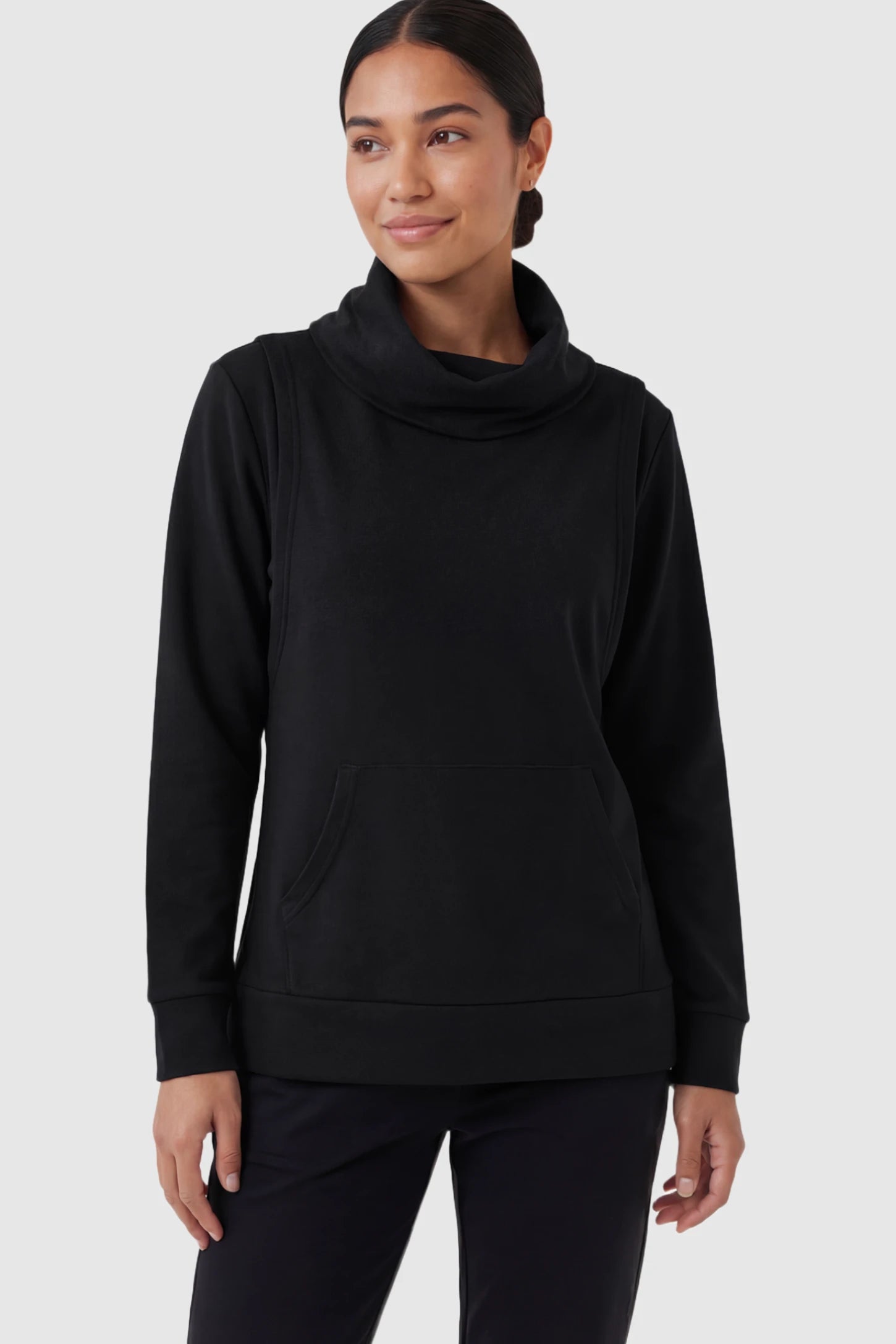 Cowl Neck Long Sleeve Maternity & Nursing Top Cowl Neck Long Sleeve Maternity & Nursing Top in Black featuring a kangaroo pocket and nursing access.