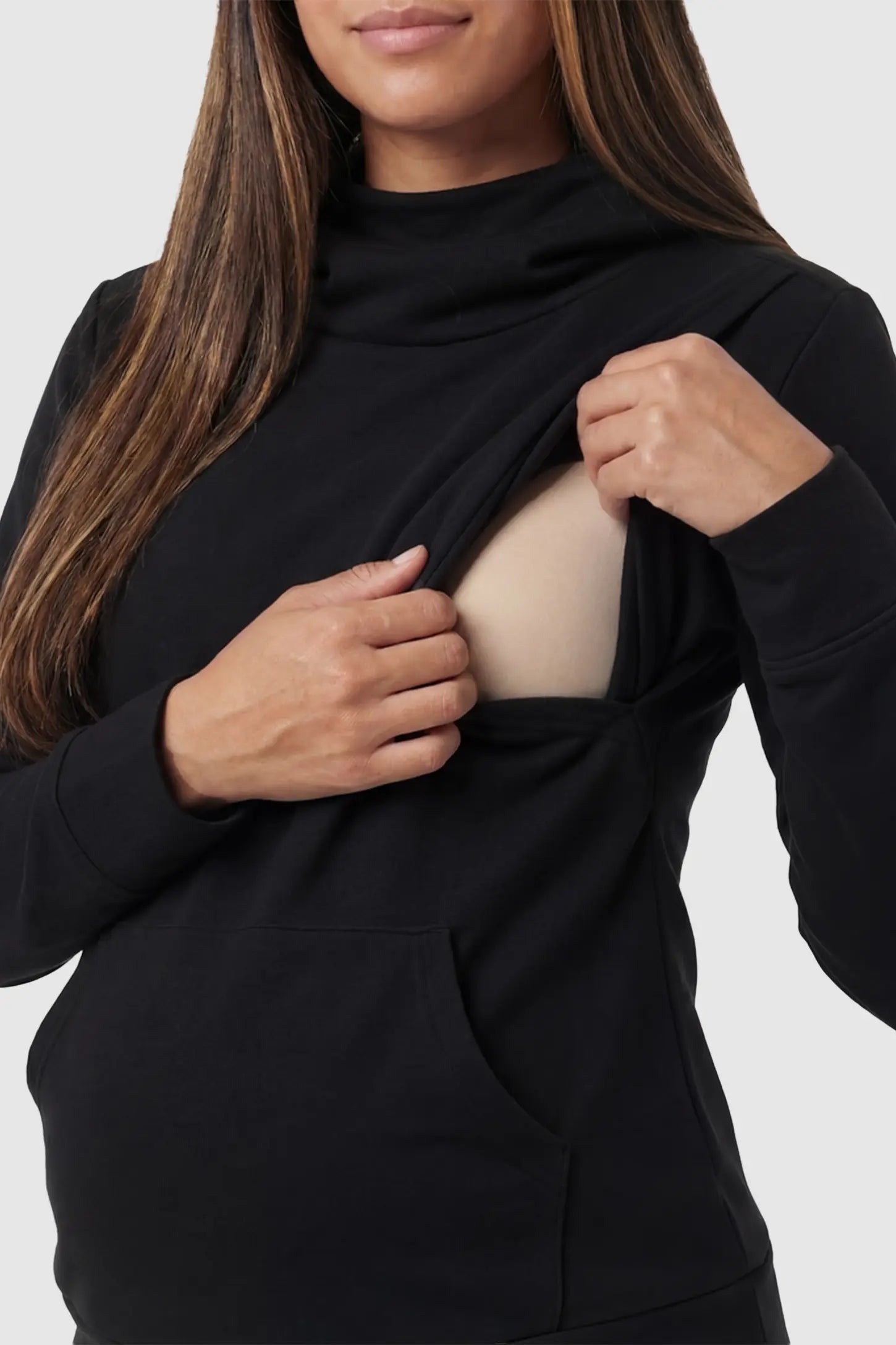 Cowl Neck Long Sleeve Maternity & Nursing Top Cowl Neck Long Sleeve Maternity & Nursing Top in Black featuring a kangaroo pocket and nursing access.