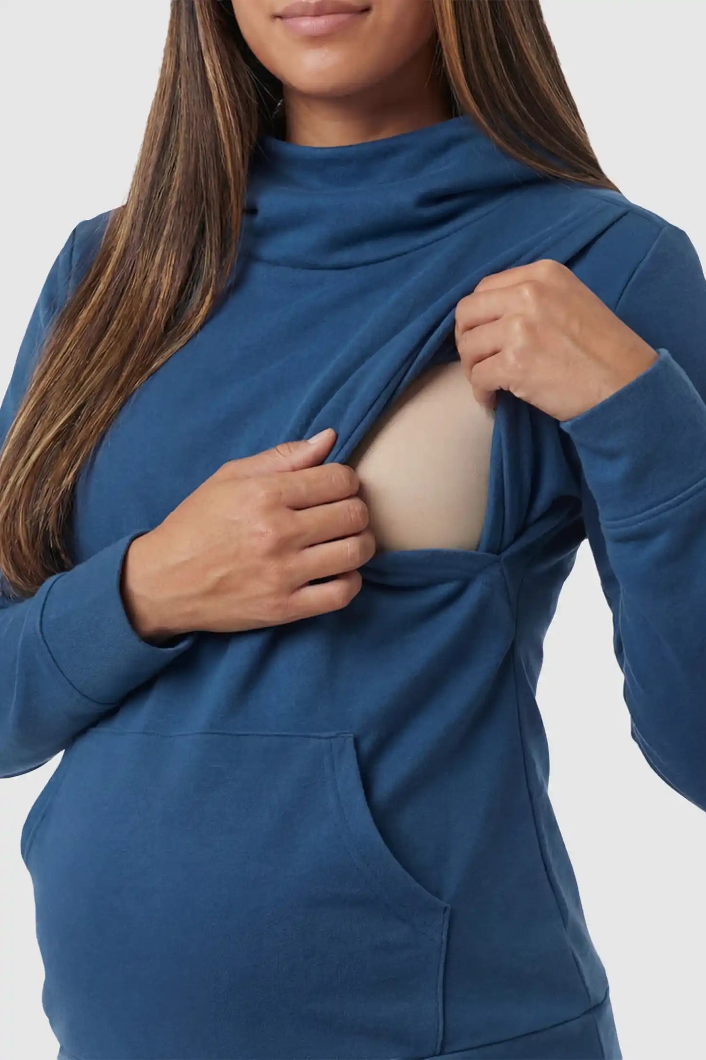 Cowl Neck Long Sleeve Maternity & Nursing Top Cowl Neck Long Sleeve Maternity & Nursing Top in Blue featuring a kangaroo pocket and nursing access.