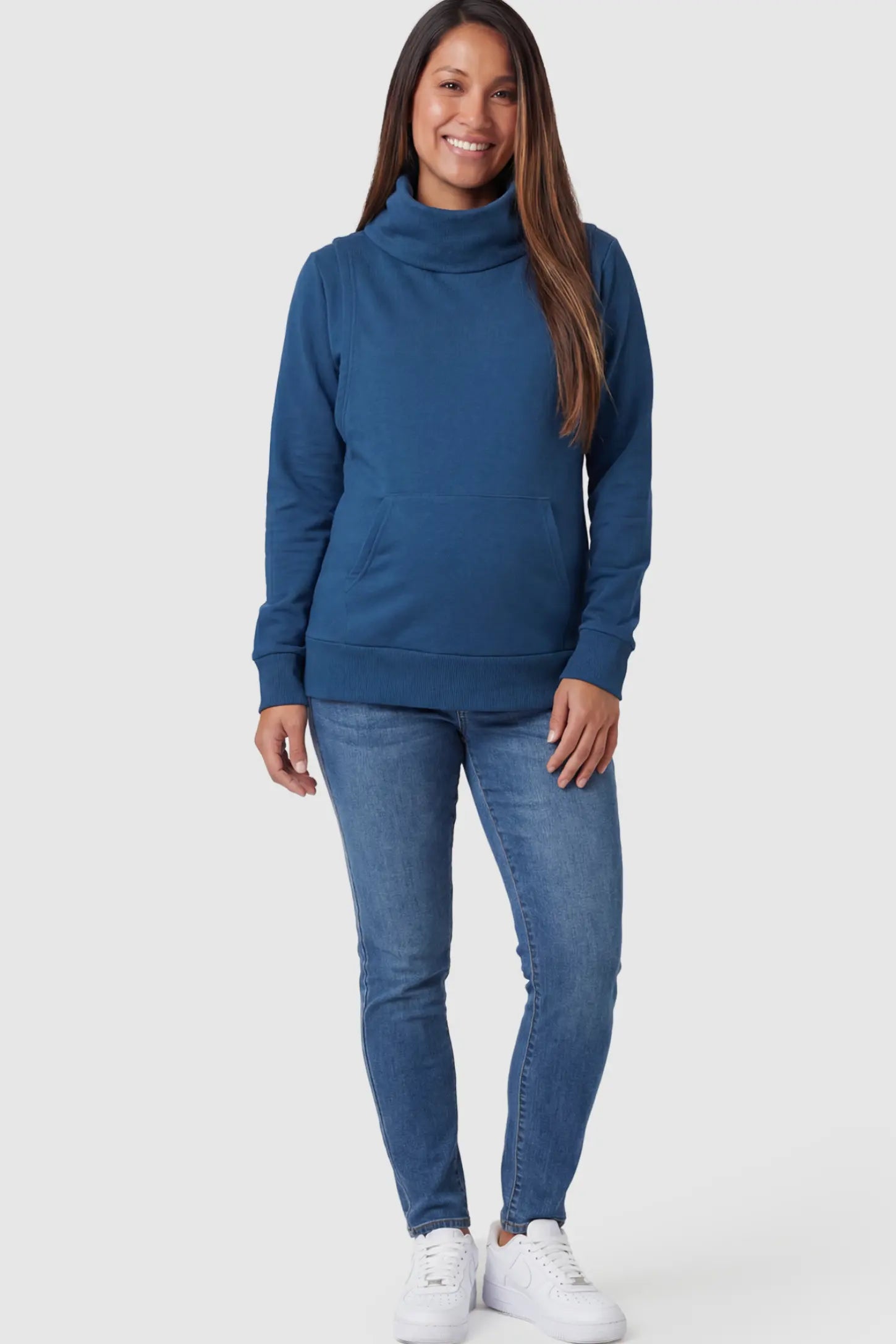 Cowl Neck Long Sleeve Maternity & Nursing Top Cowl Neck Long Sleeve Maternity & Nursing Top in Blue featuring a kangaroo pocket and nursing access.