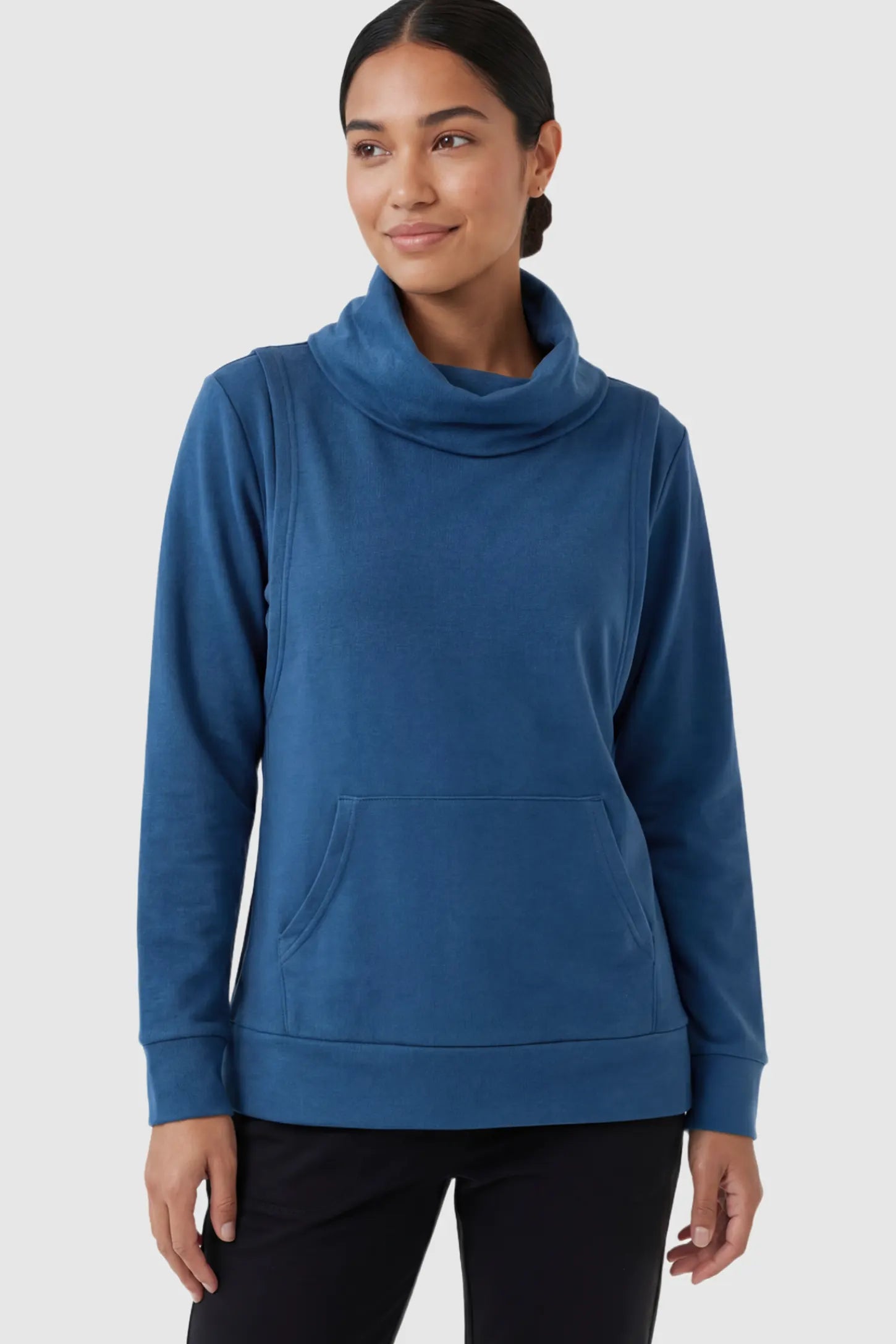Cowl Neck Long Sleeve Maternity & Nursing Top Cowl Neck Long Sleeve Maternity & Nursing Top in Blue featuring a kangaroo pocket and nursing access.