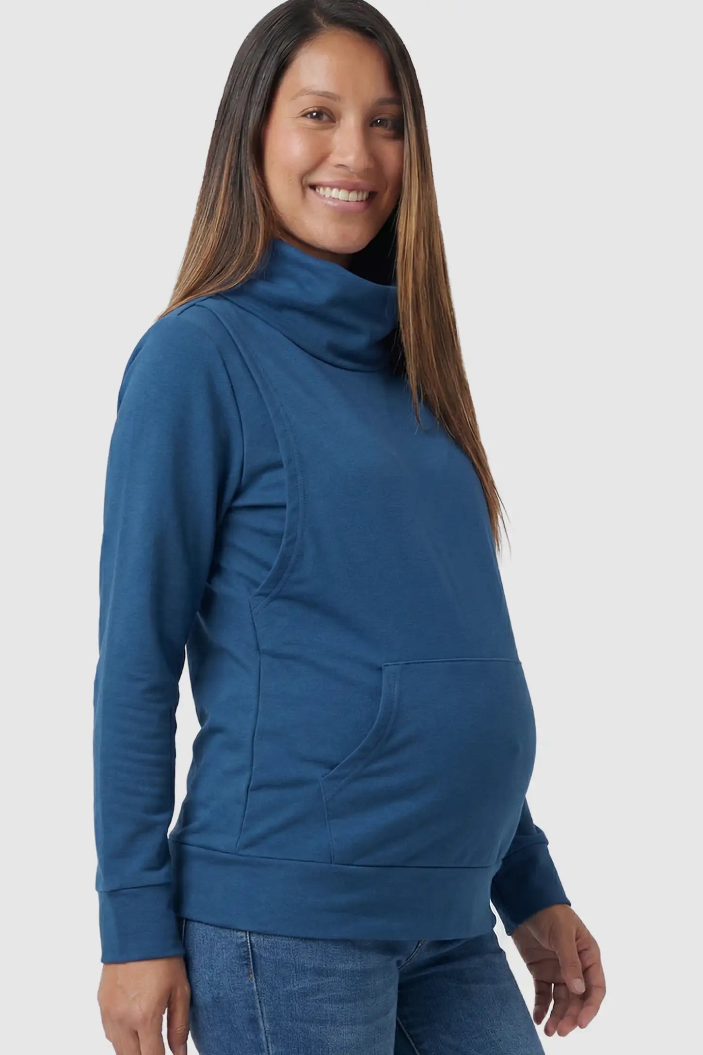 Cowl Neck Long Sleeve Maternity & Nursing Top Cowl Neck Long Sleeve Maternity & Nursing Top in Blue featuring a kangaroo pocket and nursing access.