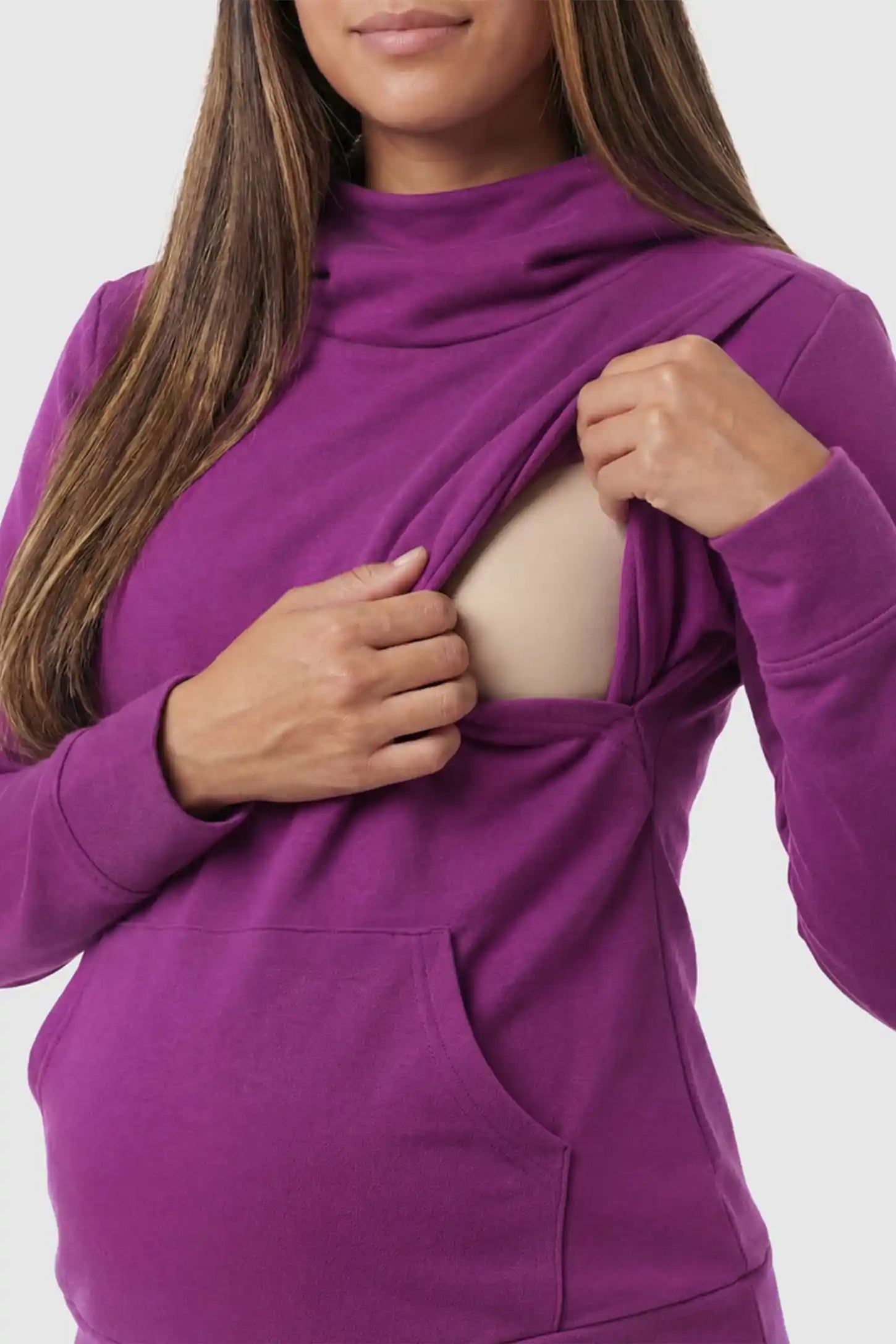 Cowl Neck Long Sleeve Maternity & Nursing Top Cowl Neck Long Sleeve Maternity & Nursing Top in Purple featuring a kangaroo pocket and nursing access.