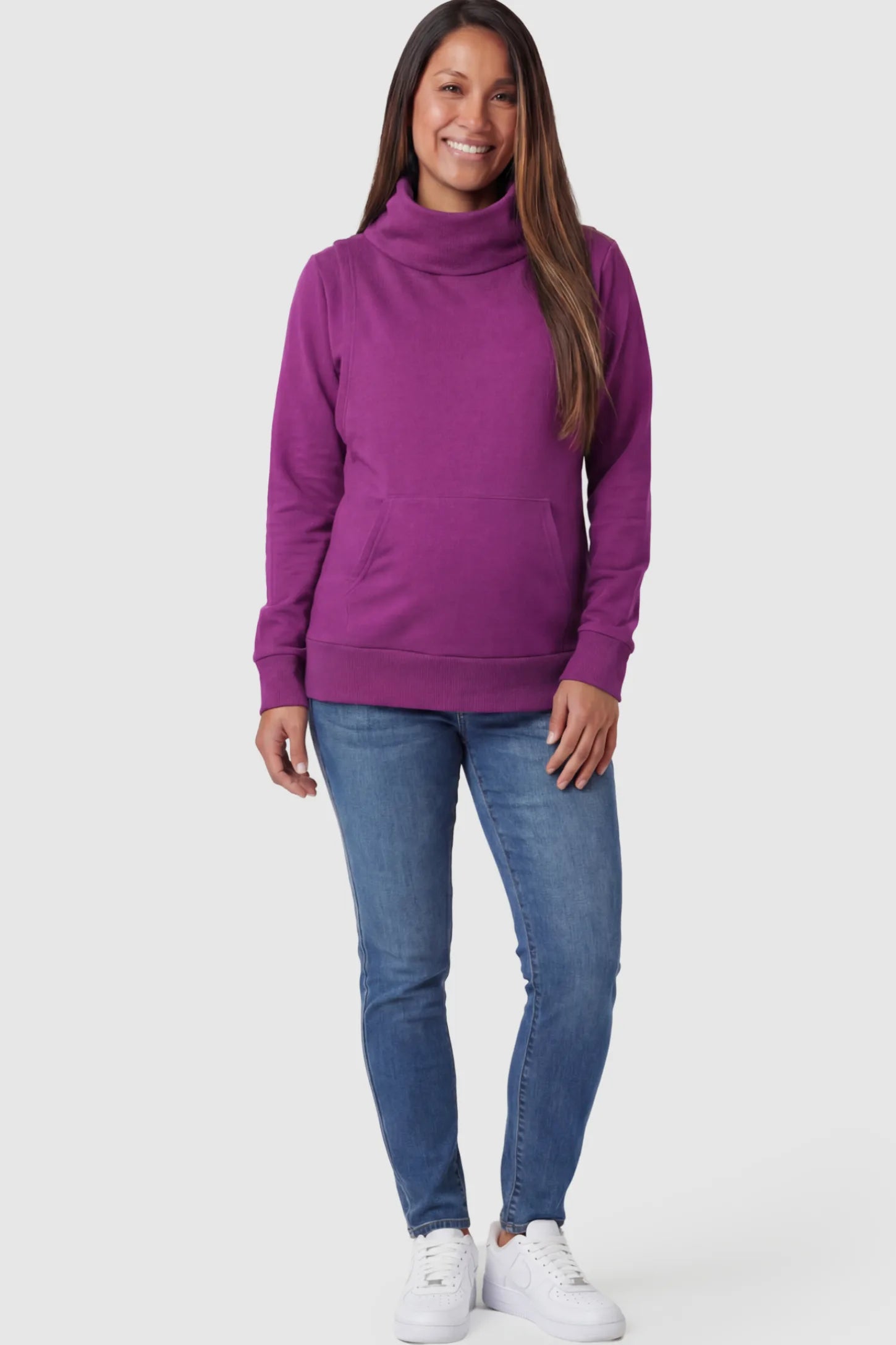 Cowl Neck Long Sleeve Maternity & Nursing Top Cowl Neck Long Sleeve Maternity & Nursing Top in Purple featuring a kangaroo pocket and nursing access.