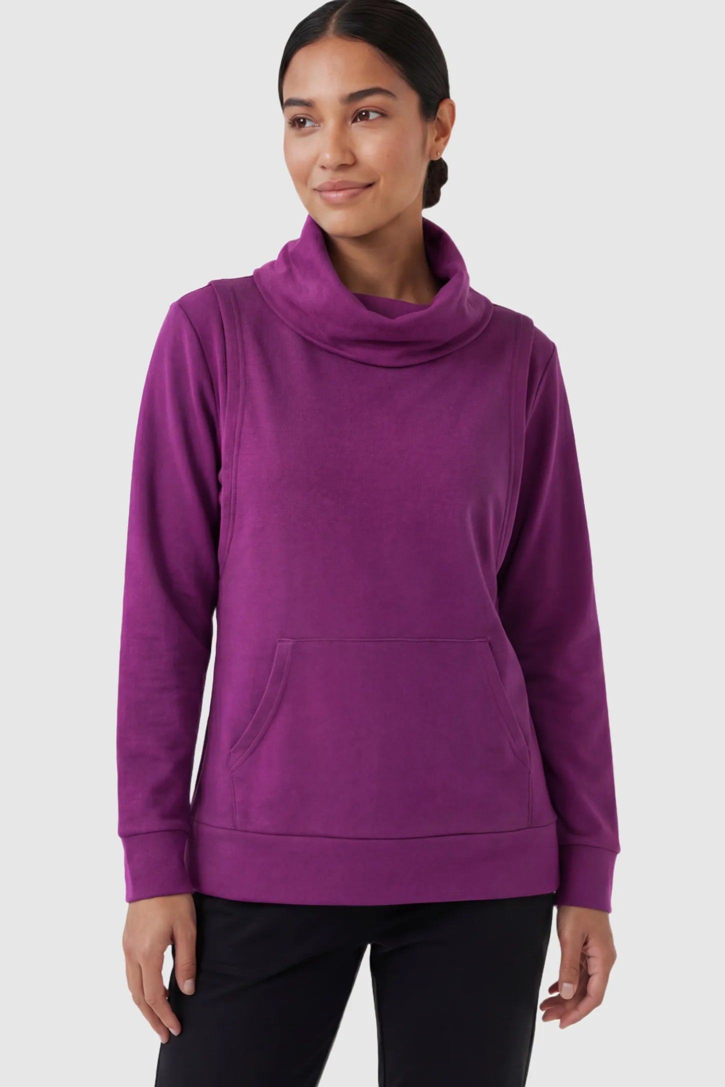 Cowl Neck Long Sleeve Maternity & Nursing Top Cowl Neck Long Sleeve Maternity & Nursing Top in Purple featuring a kangaroo pocket and nursing access.