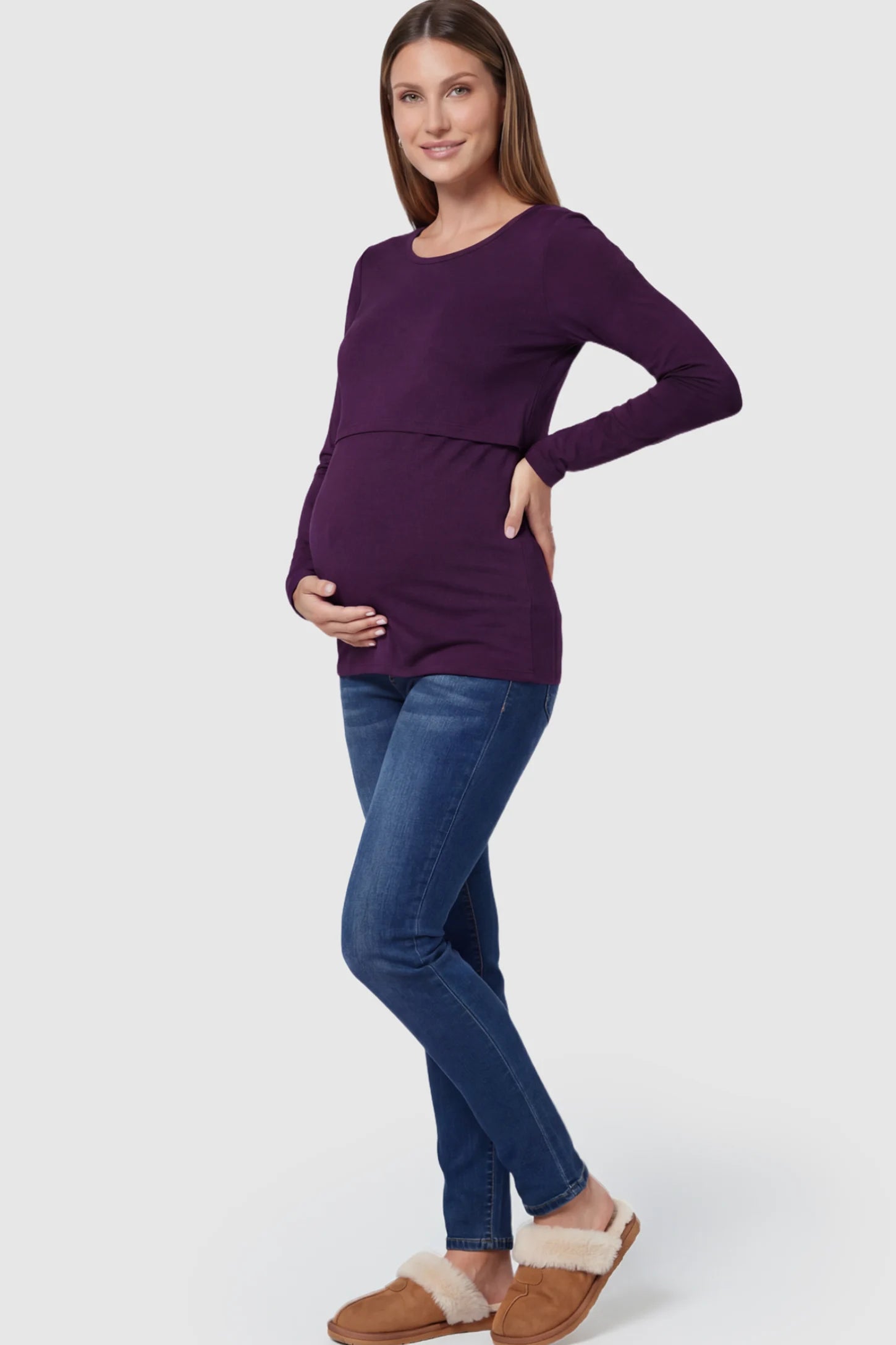 Double Layer Long Sleeve Maternity Nursing Top Double Layer Long Sleeve Maternity & Nursing Top in Dark Purple with a discrete lift-up access on a pregnant model.