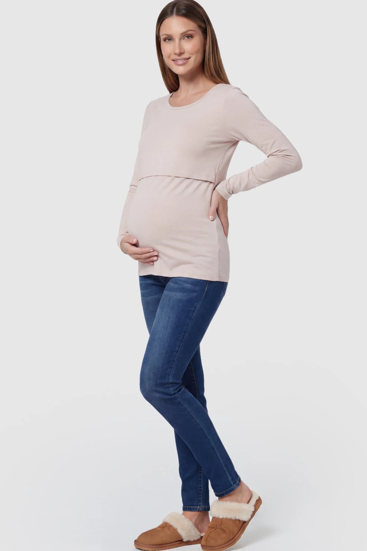 Double Layer Long Sleeve Maternity Nursing Top Double Layer Long Sleeve Maternity & Nursing Top in Nude with a discrete lift-up access on a pregnant model.