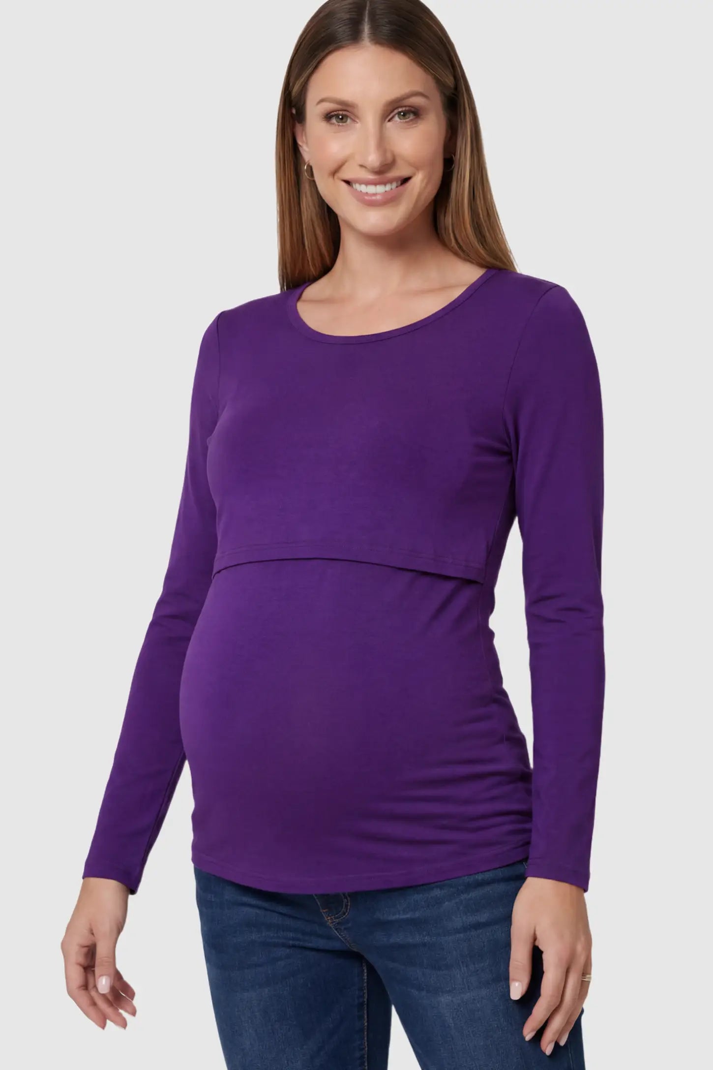 Double Layer Long Sleeve Maternity Nursing Top Double Layer Long Sleeve Maternity & Nursing Top in Purple with a discrete lift-up access on a pregnant model.