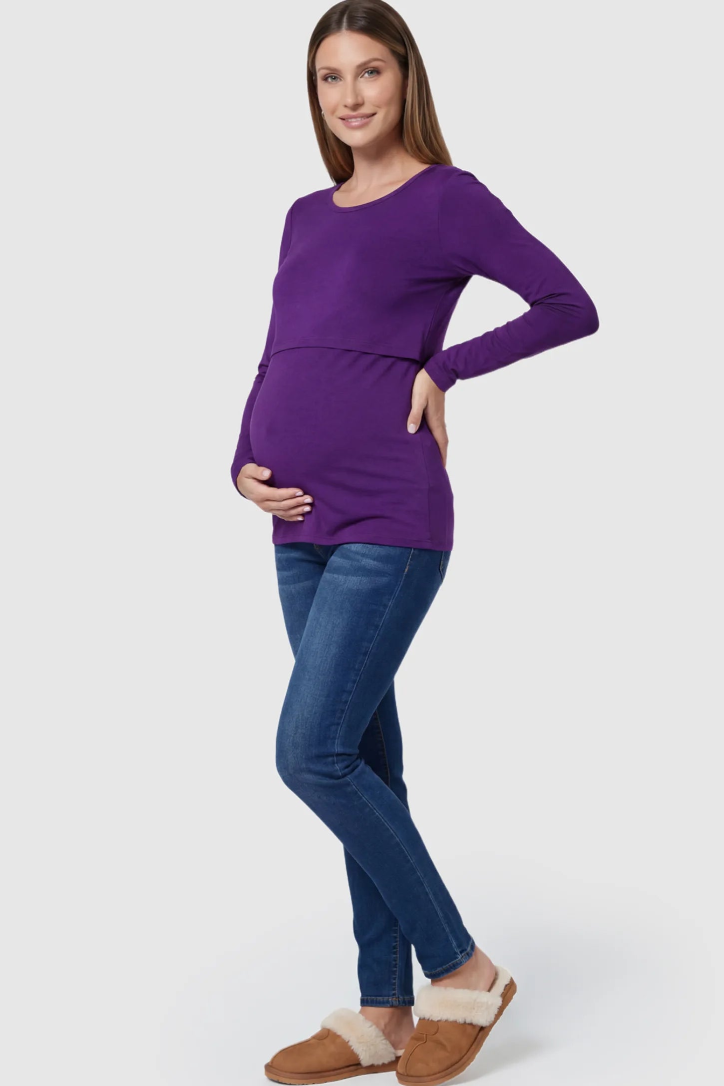 Double Layer Long Sleeve Maternity Nursing Top Double Layer Long Sleeve Maternity & Nursing Top in Purple with a discrete lift-up access on a pregnant model.