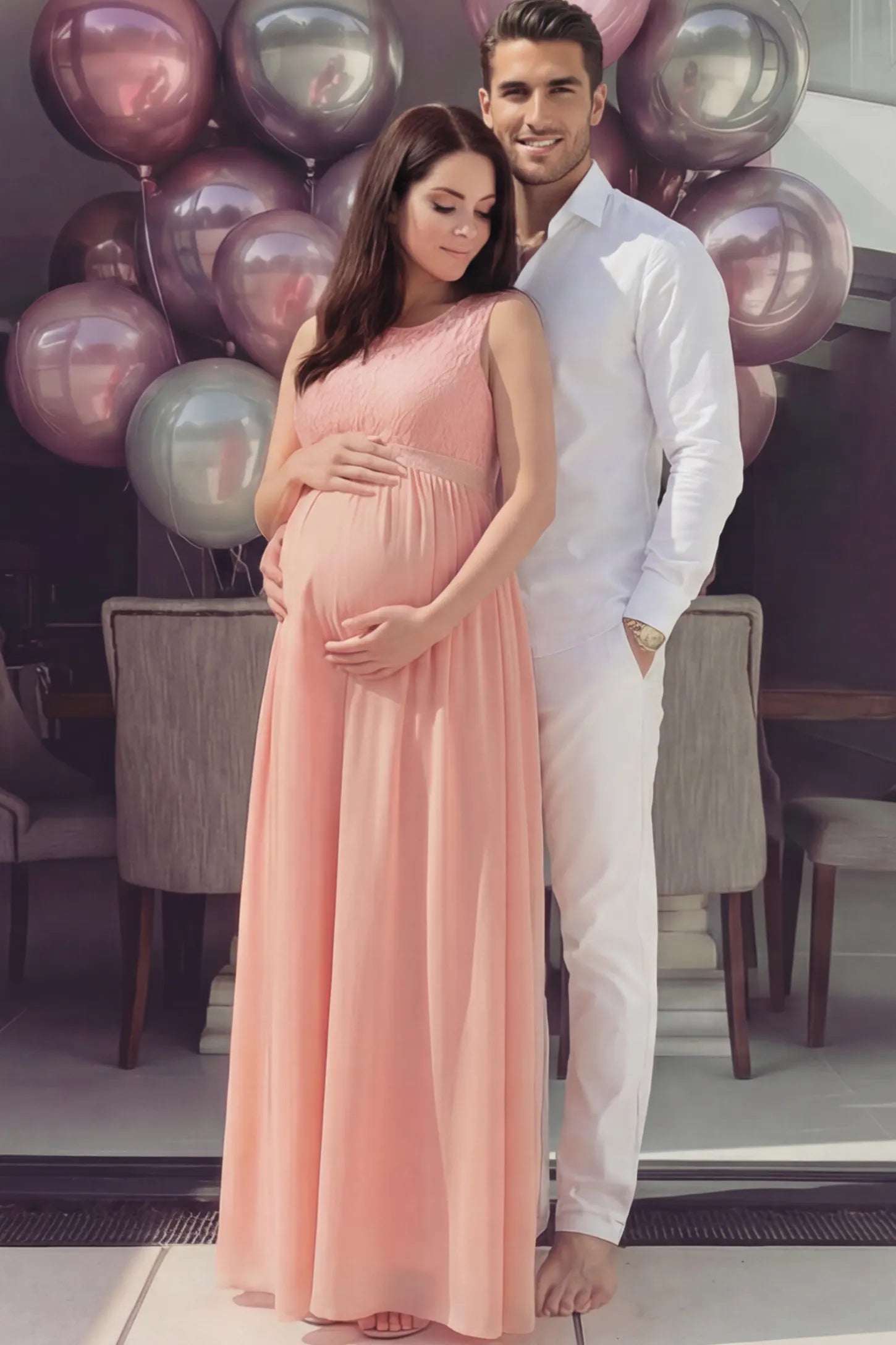 Floral Lace Sleeveless Maternity Maxi Dress Floral Lace Sleeveless Maternity Maxi Dress in Pink featuring a flowing skirt on a pregnant model posing with a partner.