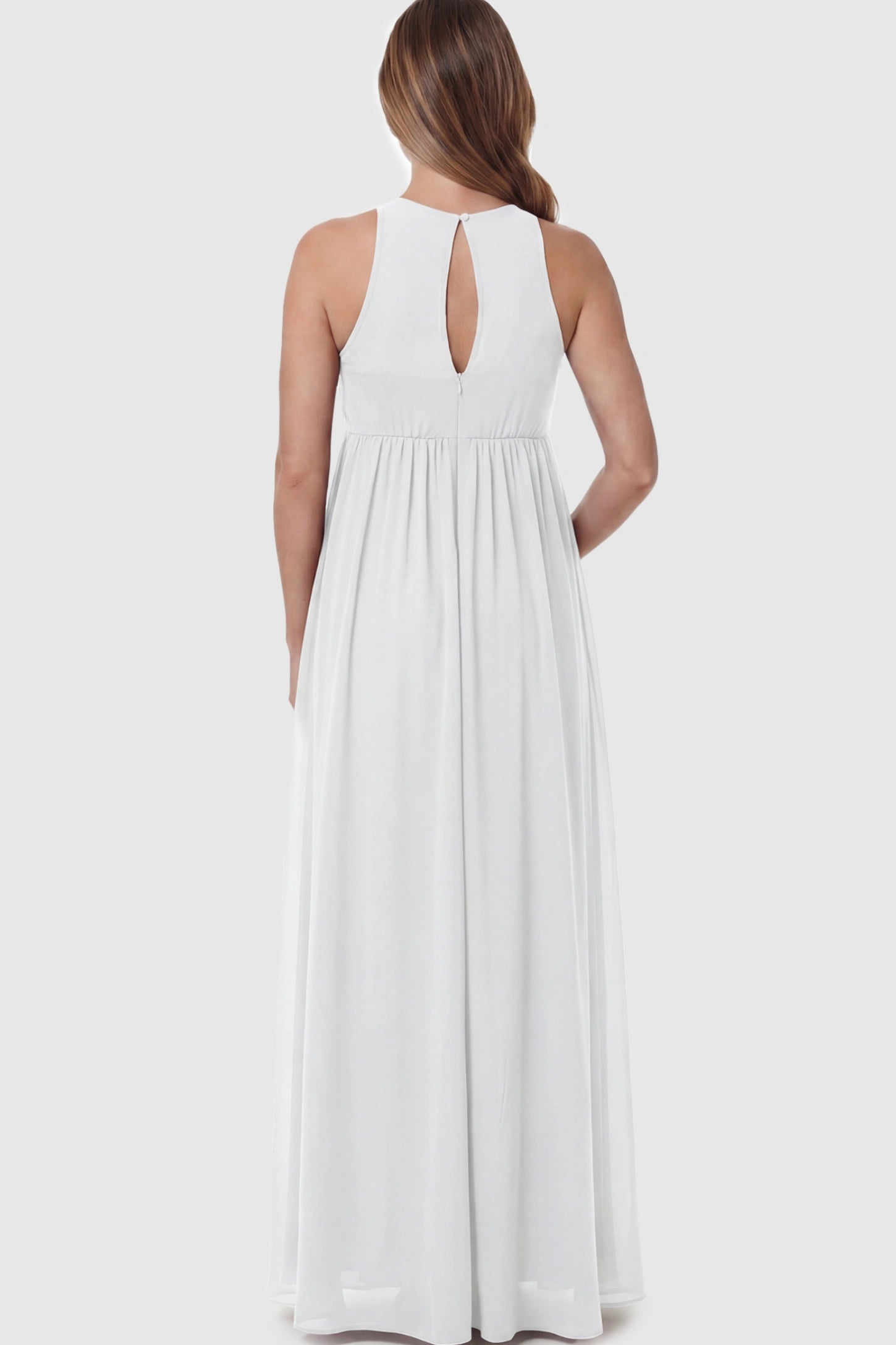 Pleated Mesh Sleeveless Maternity Photoshoot Dress Pleated Mesh Sleeveless Maternity Photoshoot Dress in White on a pregnant model.