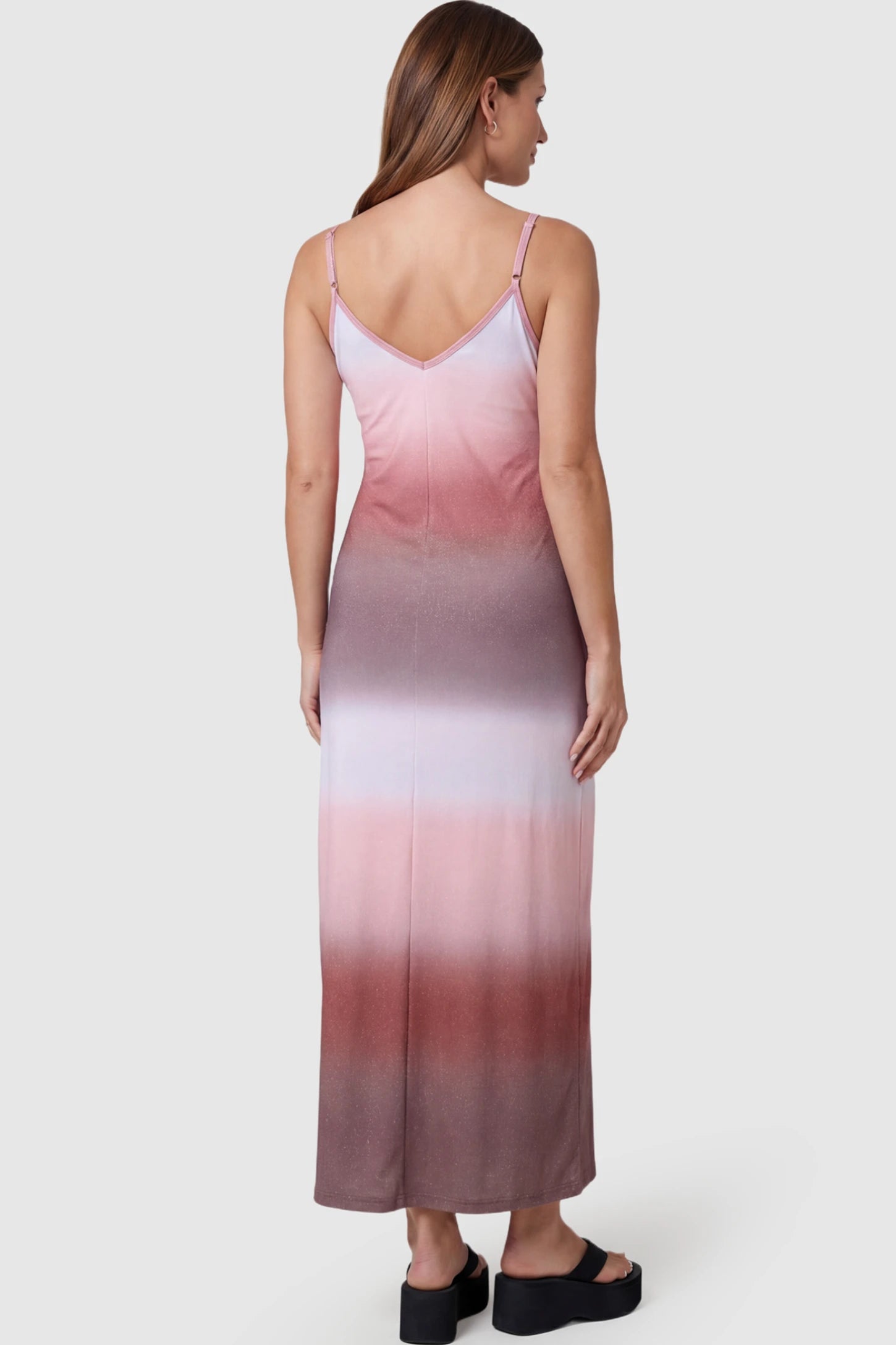 Ombre Print Spaghetti Strap Maternity Maxi Dress Ombre Print Spaghetti Strap Maternity Maxi Dress in pink and mauve featuring a shimmer finish on a pregnant model.