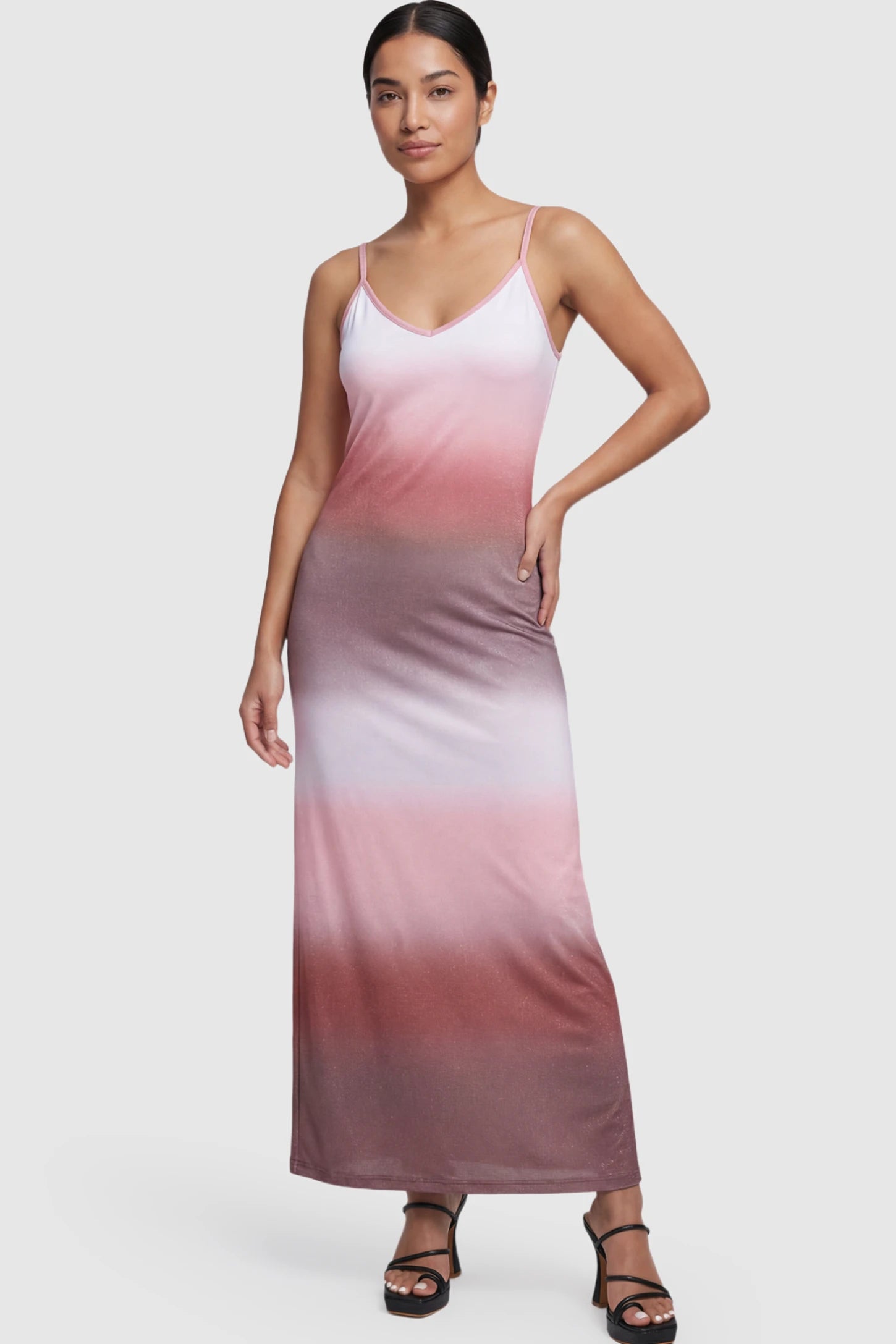 Ombre Print Spaghetti Strap Maternity Maxi Dress Ombre Print Spaghetti Strap Maternity Maxi Dress in pink and mauve featuring a shimmer finish on a pregnant model.