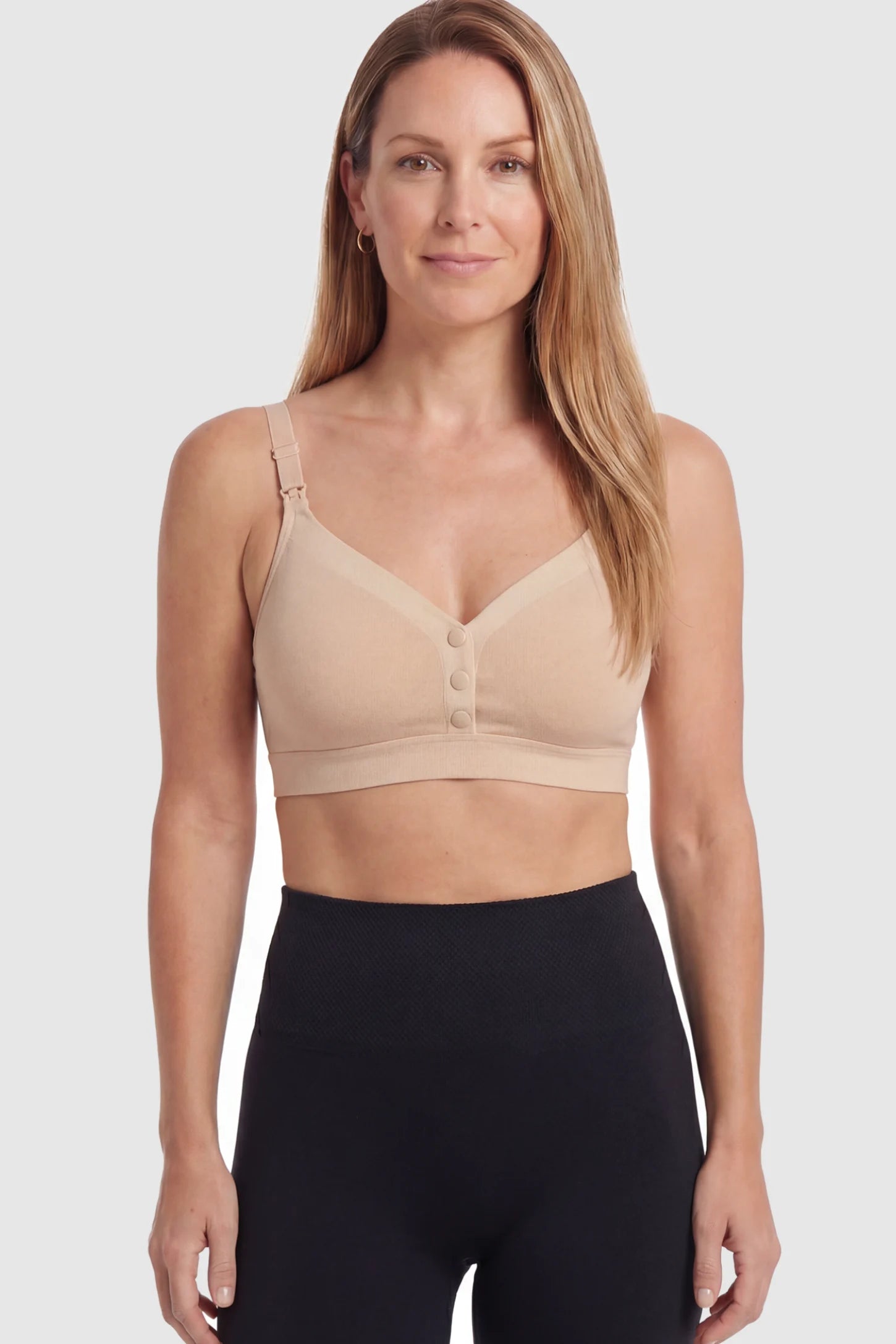 Soft Cotton Front Button Wireless Maternity Nursing Bra Soft Cotton Front-Button Wireless Maternity & Nursing Bra in Skin featuring snap-front access on a postpartum model.