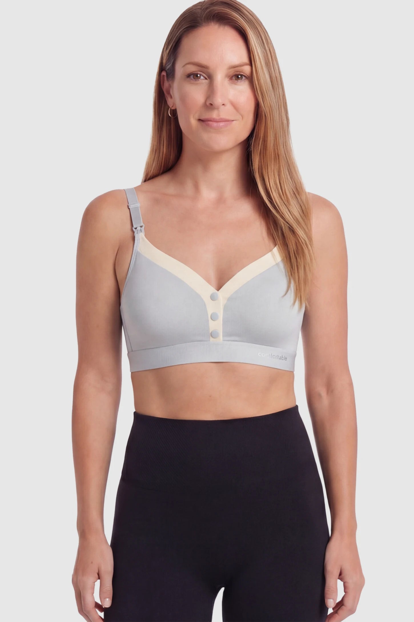 Soft Cotton Front Button Wireless Maternity Nursing Bra Soft Cotton Front-Button Wireless Maternity & Nursing Bra in Blue featuring snap-front access on a postpartum model.