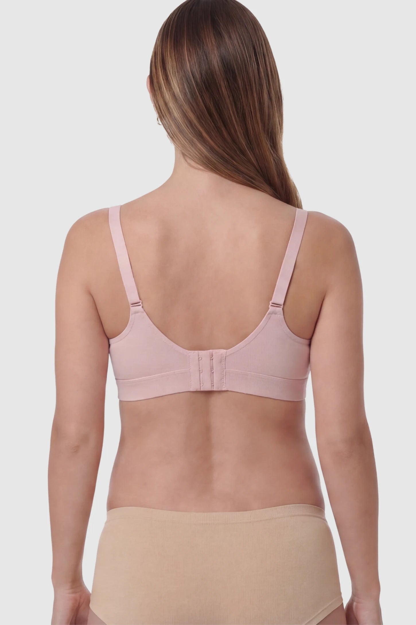 Soft Cotton Front-Button Wireless Maternity & Nursing Bra in Pink on a pregnant model.