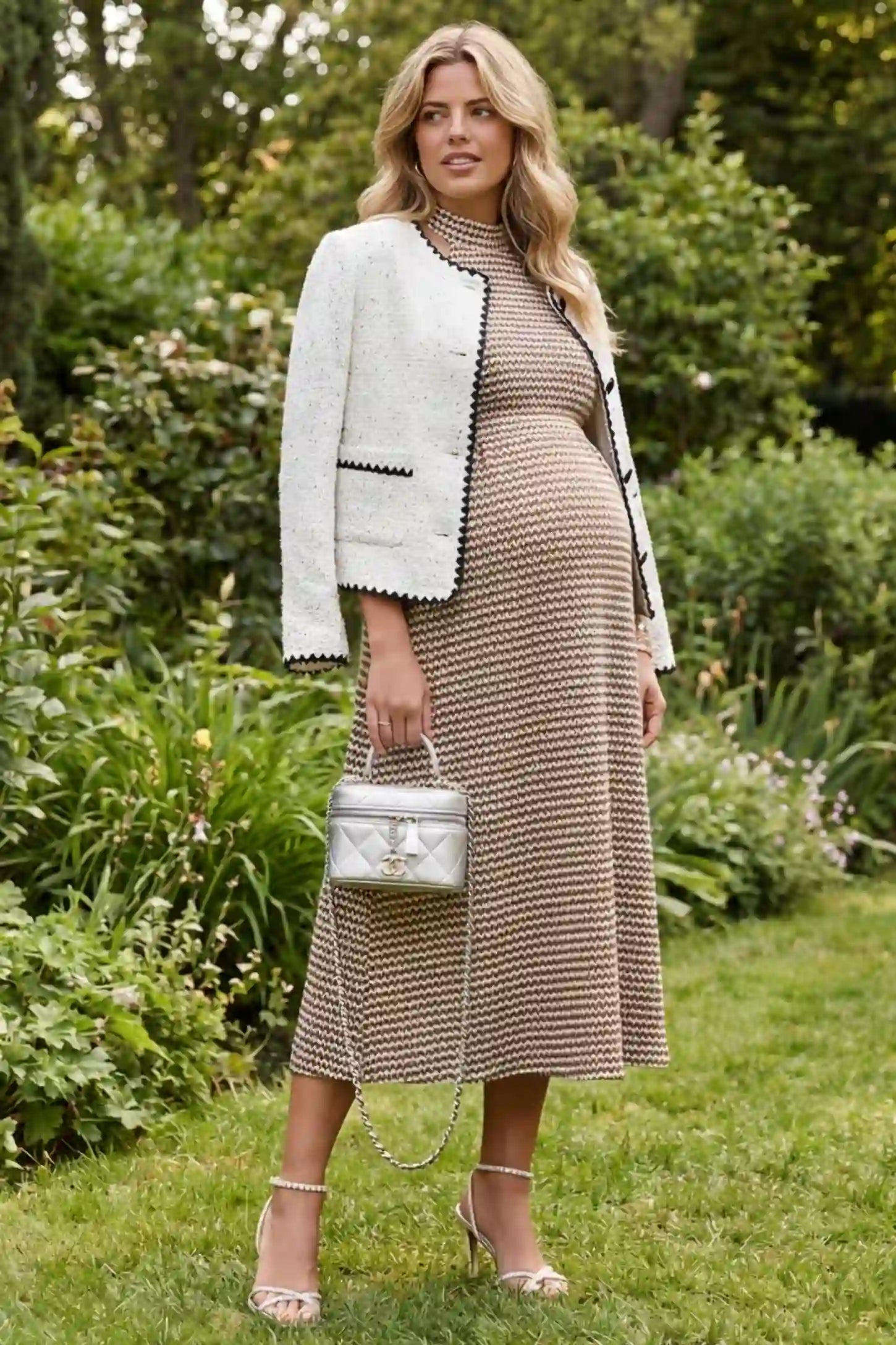 Patterned Print Halter Mock Neck Midi Maternity Dress in Khaki featuring an A-line skirt on a pregnant model in front view.