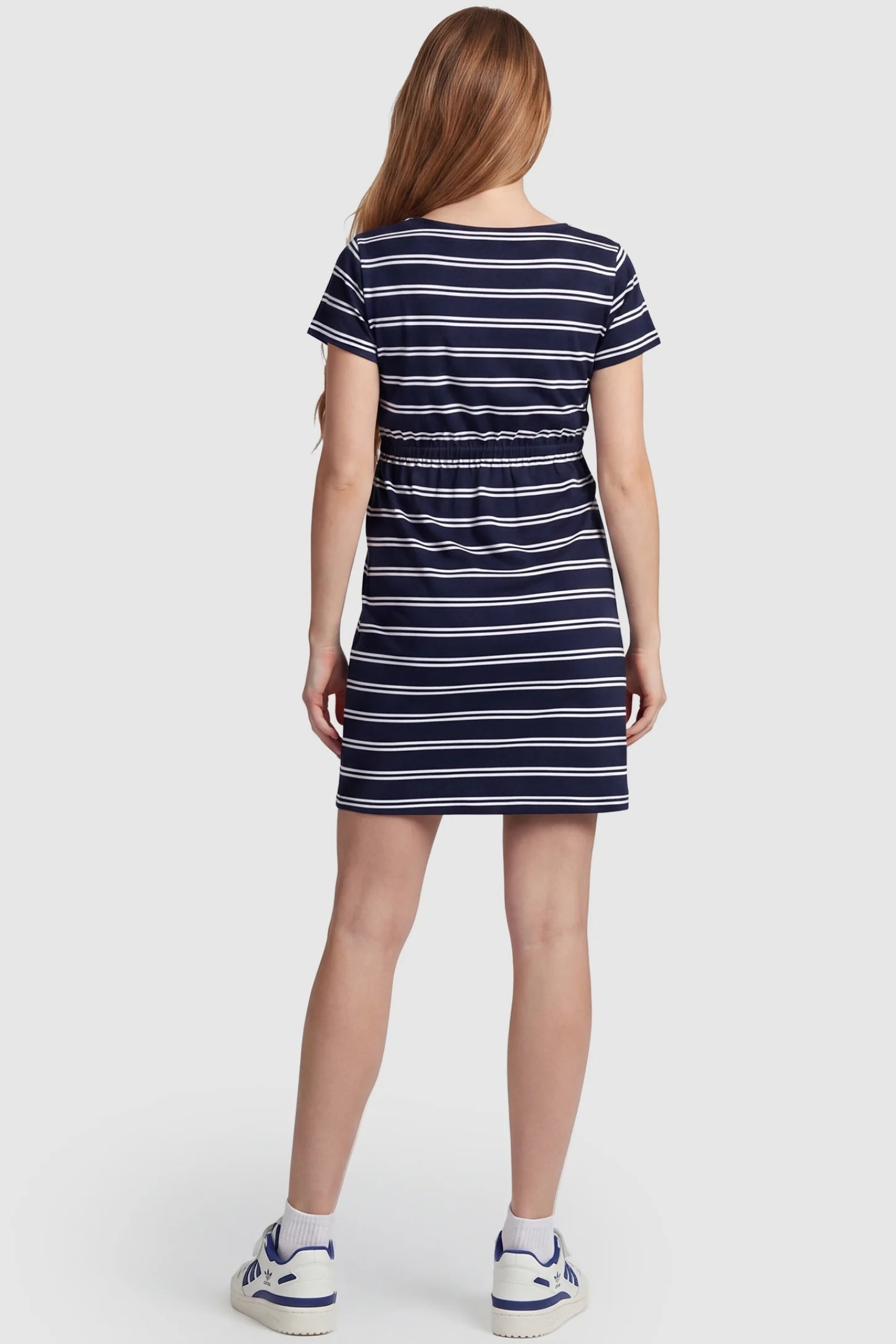Nautical Striped Drawstring Waist Mini Maternity Dress Nautical Striped Drawstring Waist Mini Maternity Dress in dark blue and white featuring the straight-fit hem on a pregnant model.