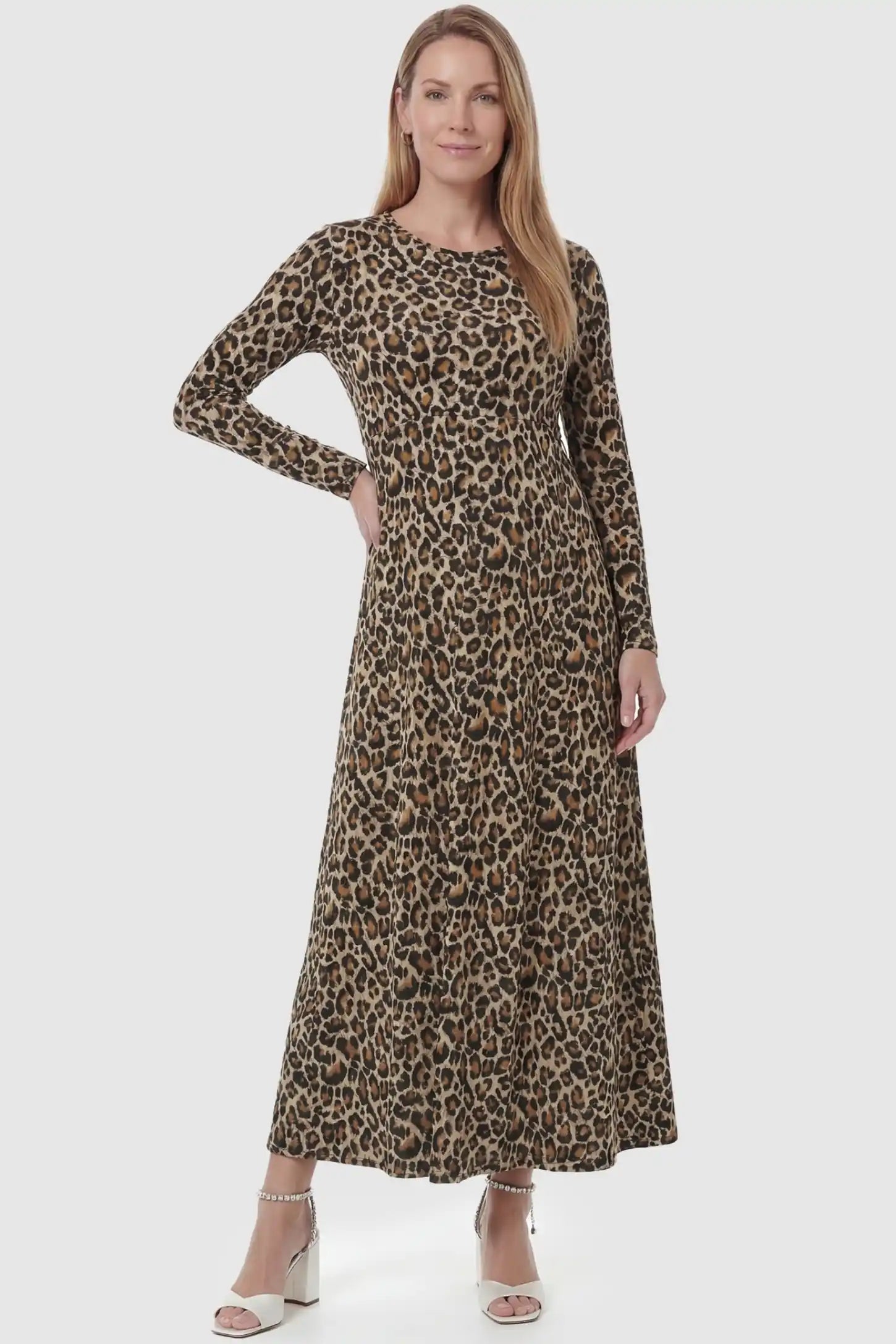 Leopard Print Round Neck Maxi Maternity Dress Leopard Print Round Neck Maxi Maternity Dress in dark leopard print featuring a sleek silhouette on a postpartum model.