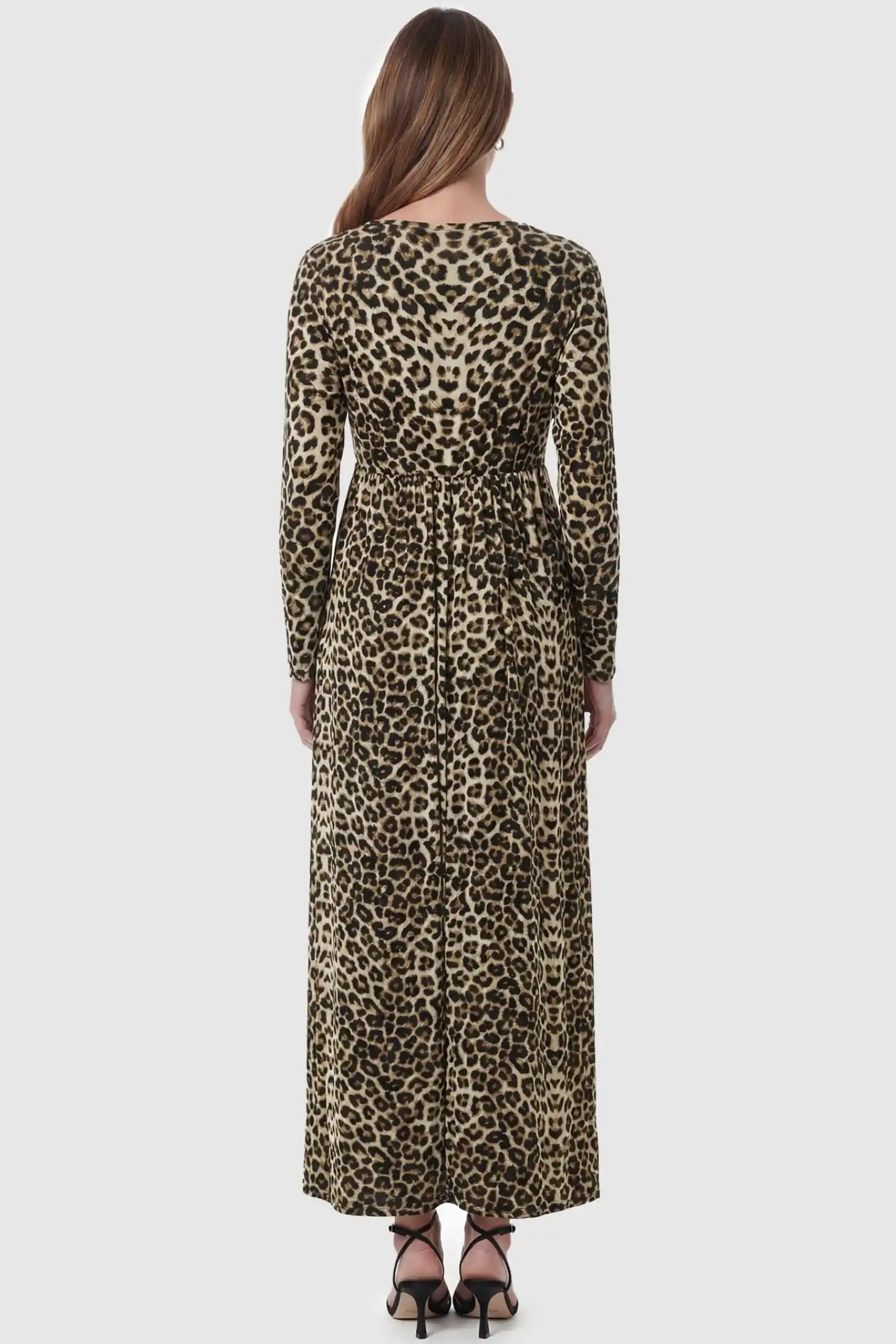 Leopard Print Round Neck Maxi Maternity Dress Leopard Print Round Neck Maxi Maternity Dress in light leopard print featuring the full back view on a pregnant model.