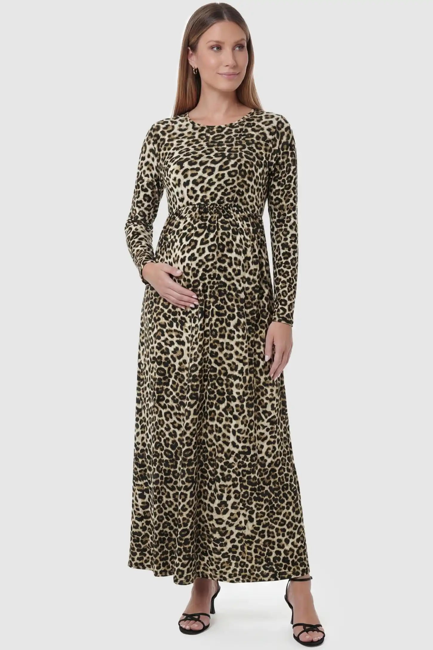 Leopard Print Round Neck Maxi Maternity Dress in light leopard print featuring a high-waist on a pregnant model.