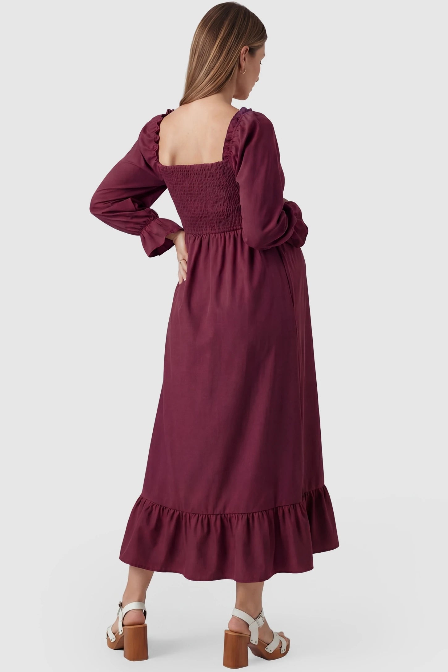 Solid Color Square Neck Ruffle Hem Midi Maternity Dress Burgundy Square Neck Ruffle Hem Midi Maternity Dress featuring a ruffled back neckline on a pregnant model.