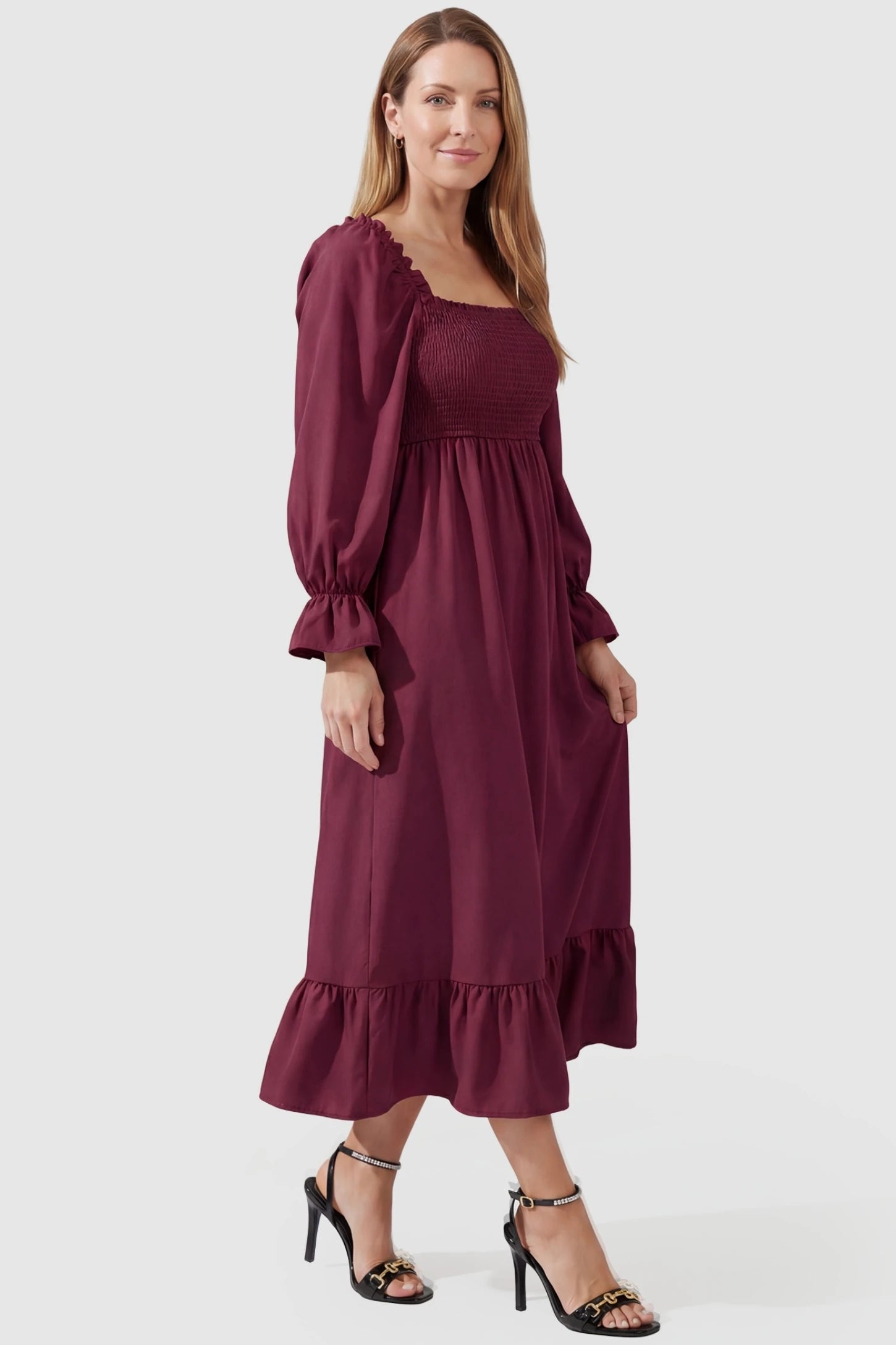 Solid Color Square Neck Ruffle Hem Midi Maternity Dress Burgundy Square Neck Ruffle Hem Midi Maternity Dress featuring a flattering A-line shape on a non-pregnant model.